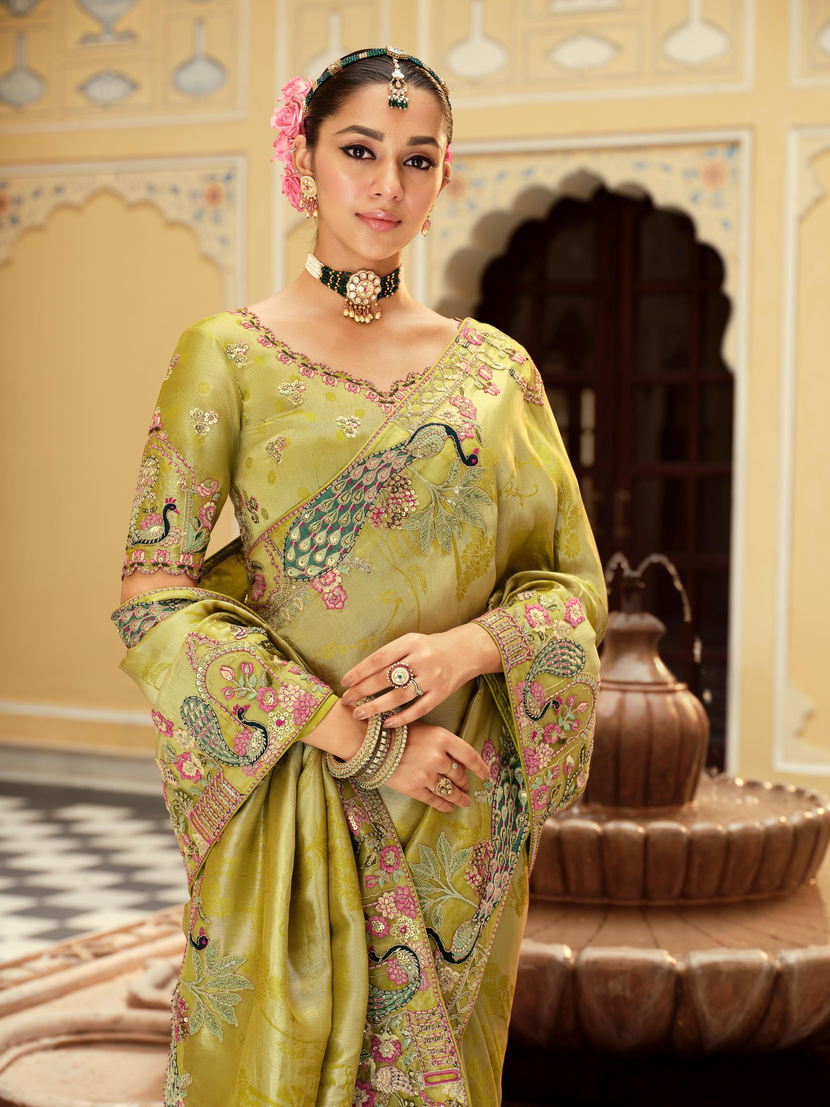 Traditional Green Premium Fabric Saree with Embroidery and Patchwork - Image 2