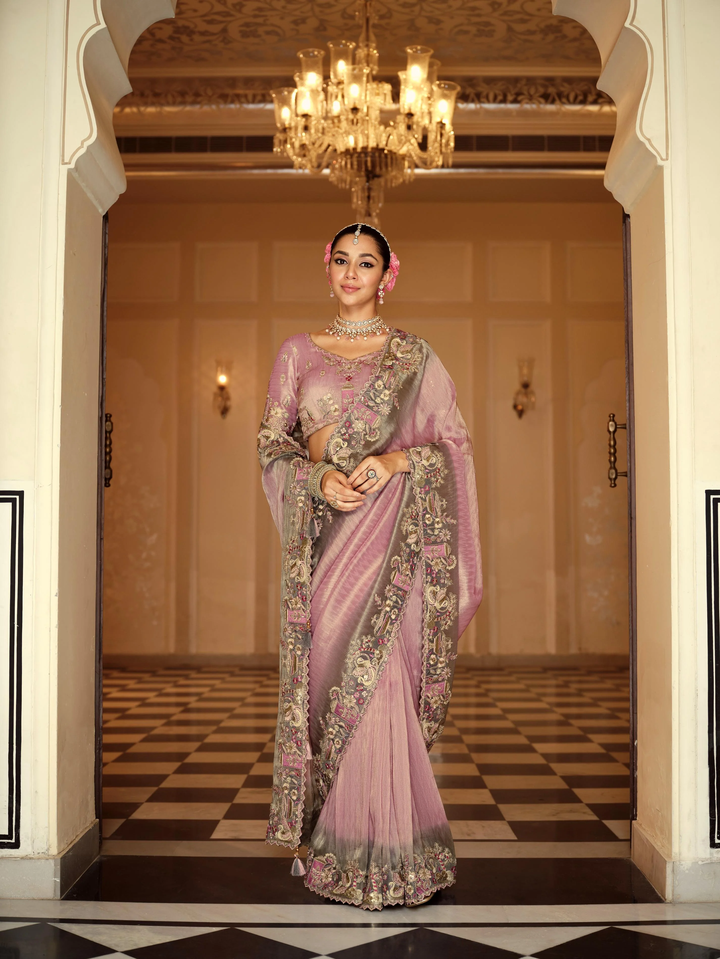 Traditional Lavender Premium Fabric Saree with Embroidery and Patchwork