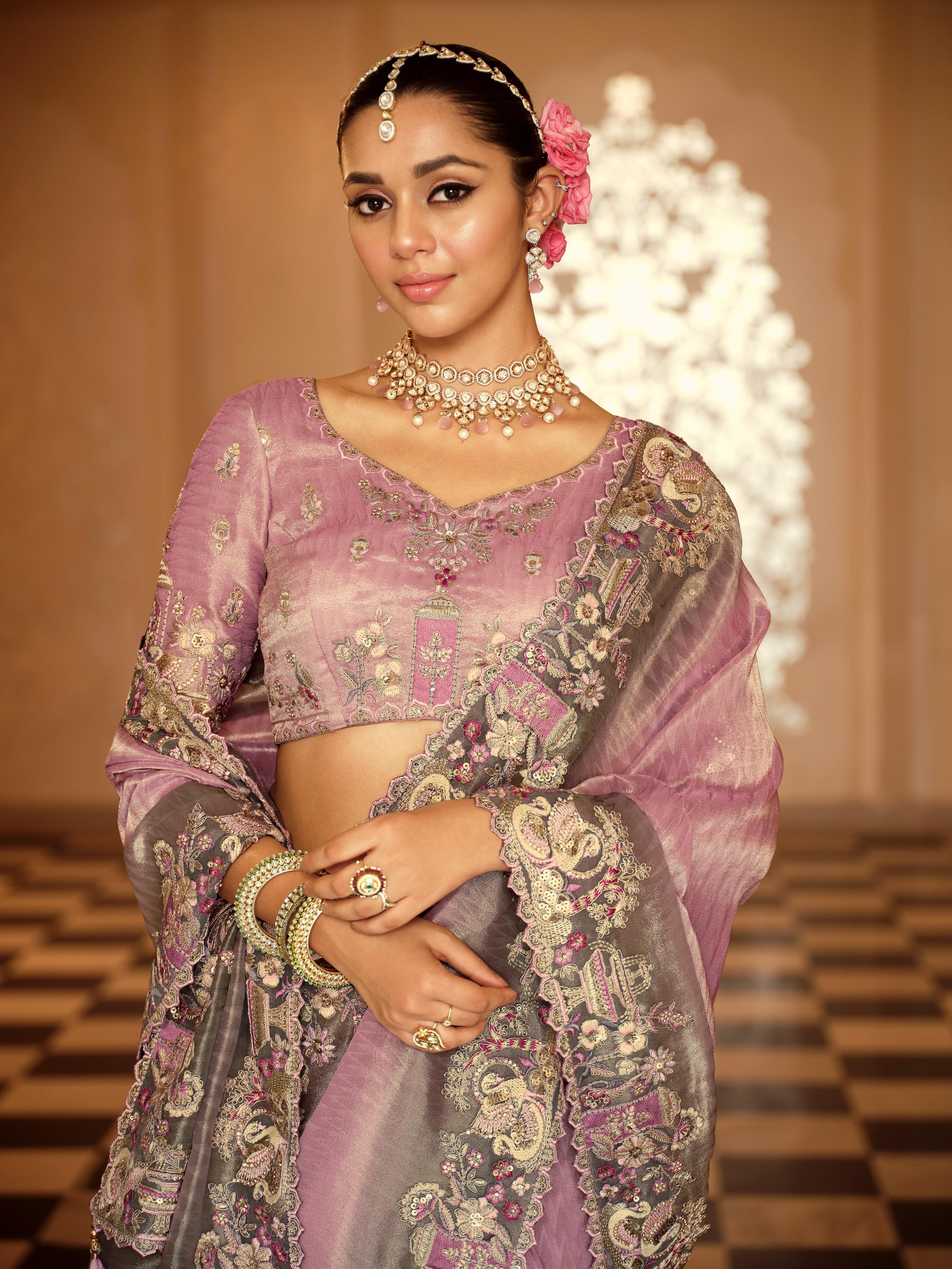 Traditional Lavender Premium Fabric Saree with Embroidery and Patchwork - Image 2