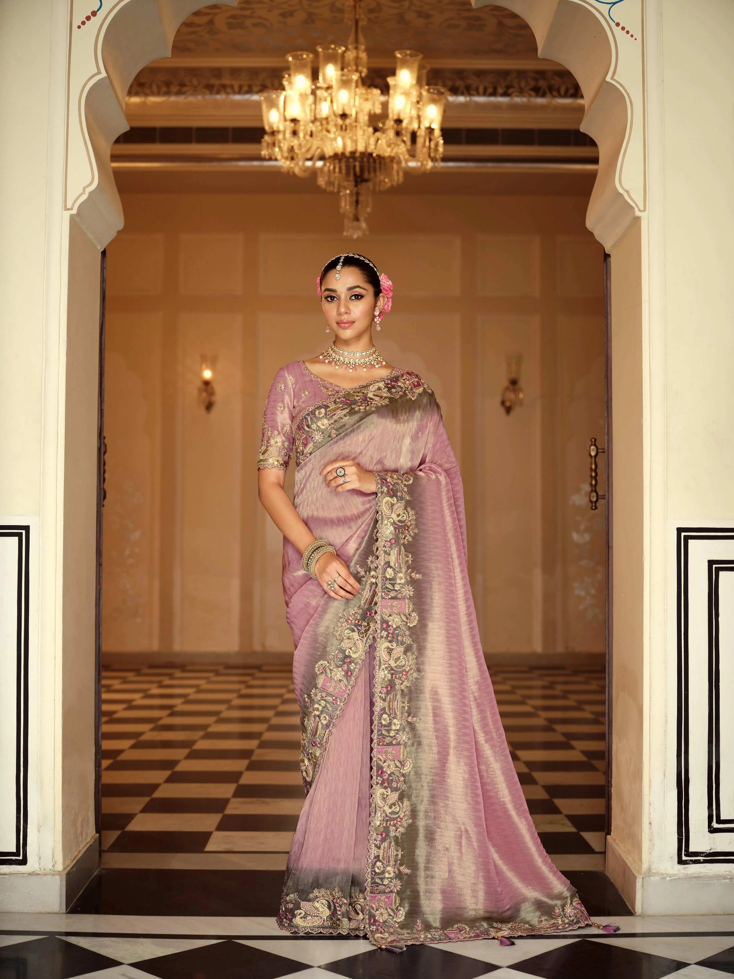 Traditional Lavender Premium Fabric Saree with Embroidery and Patchwork - Image 3