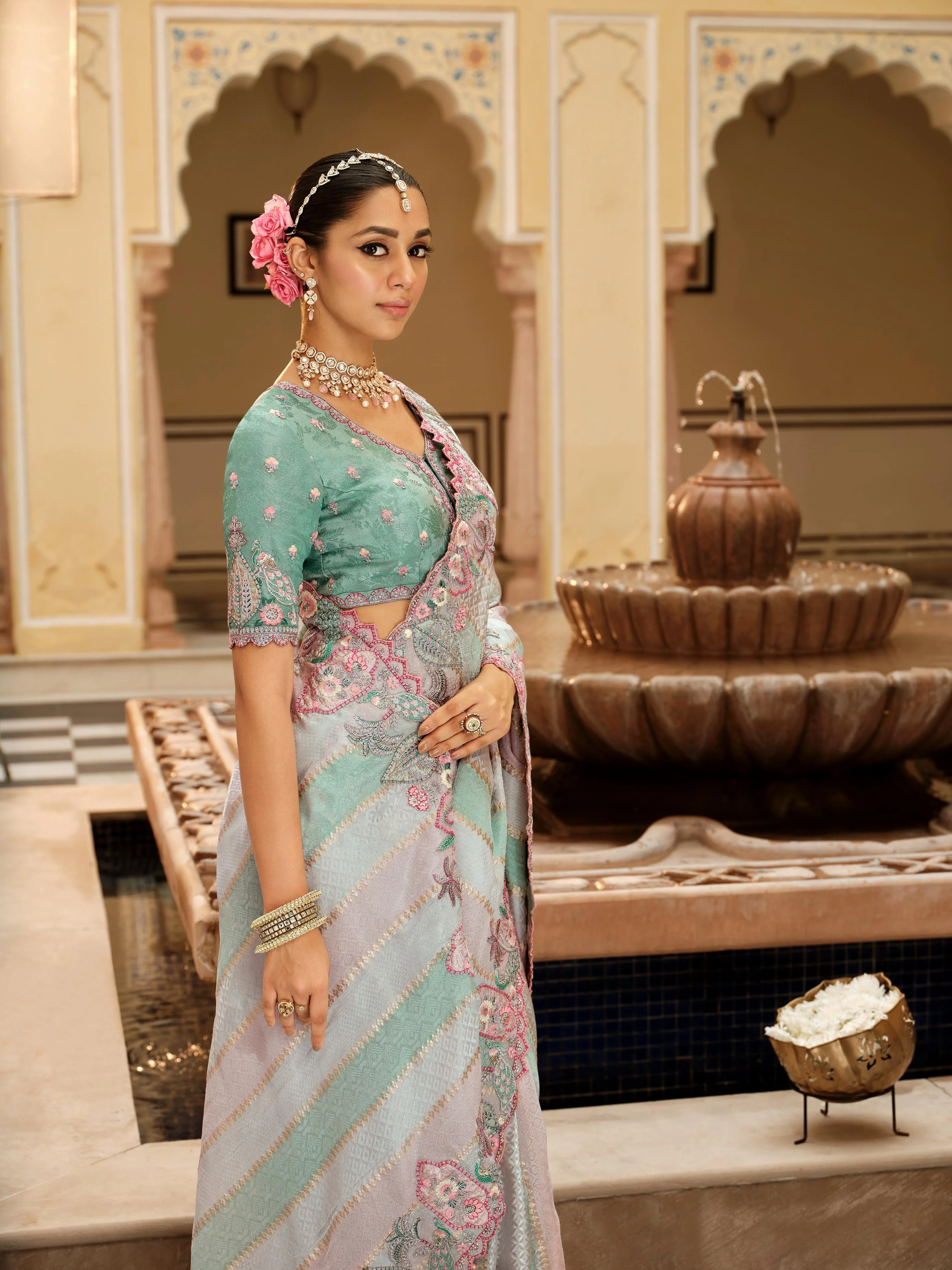Traditional Multicolour Premium Fabric Saree with Embroidery and Patchwork - Image 3
