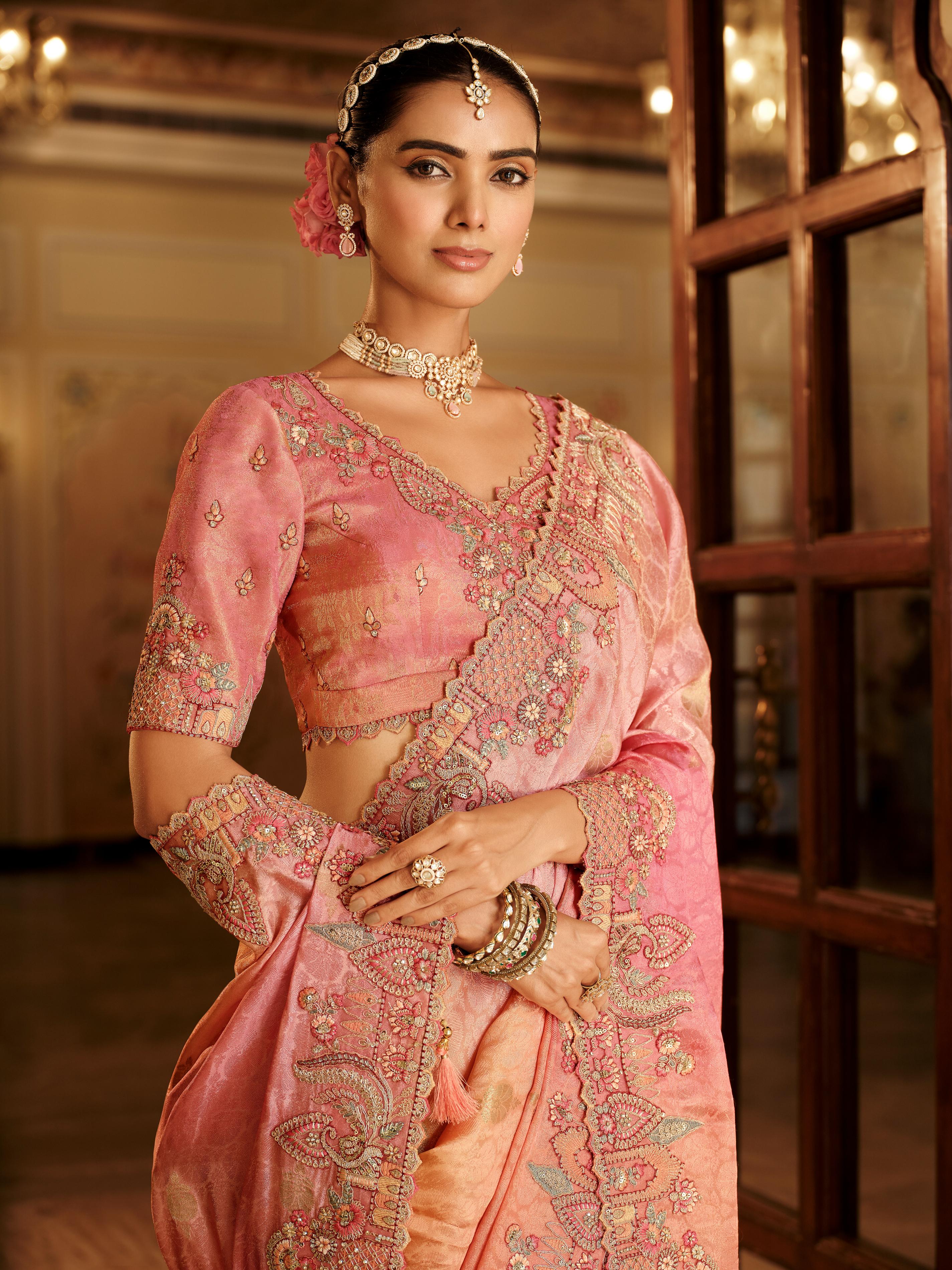 Traditional Peach Pink Premium Fabric Saree with Embroidery and Patchwork - Image 2