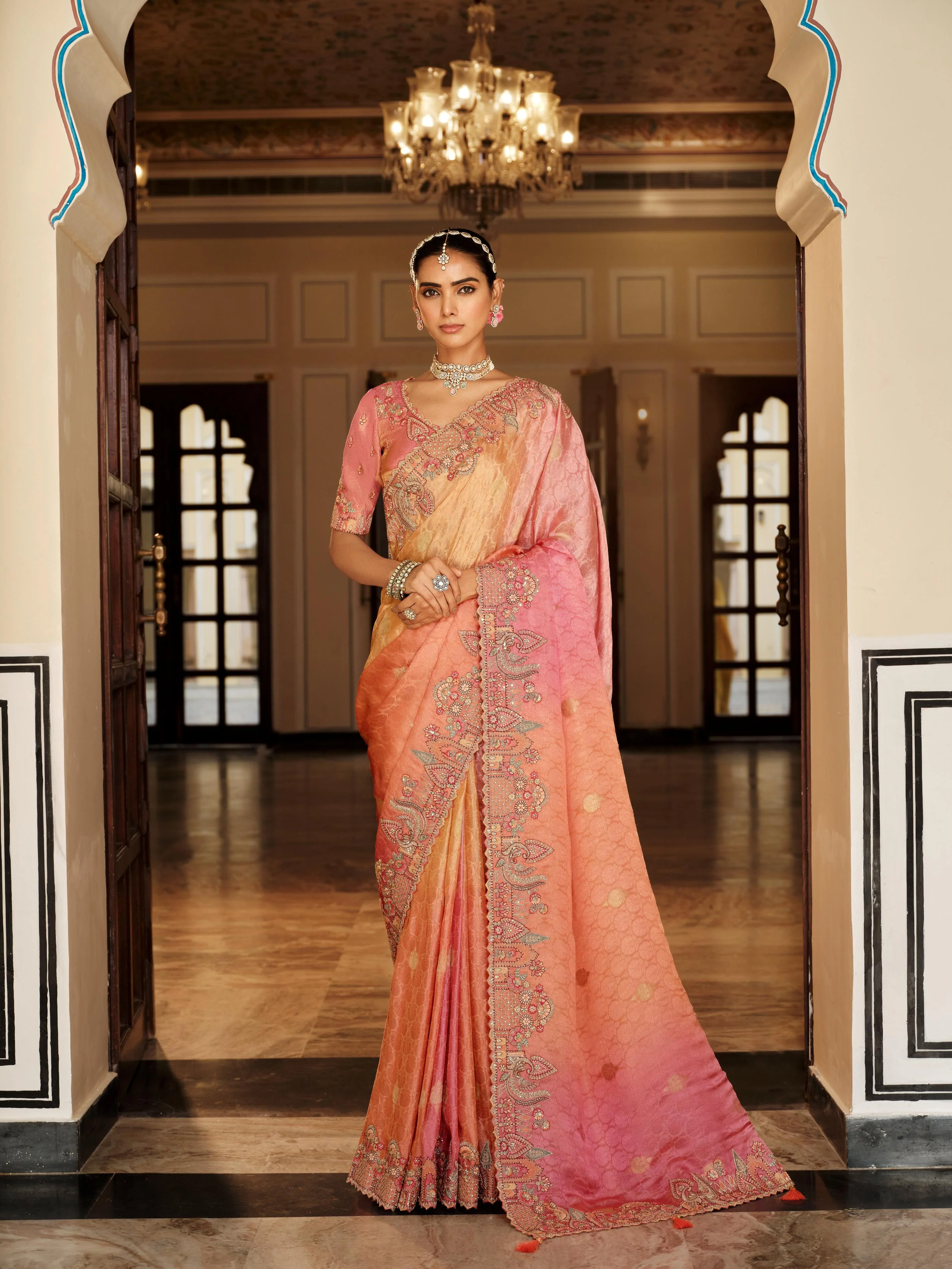 Traditional Peach Pink Premium Fabric Saree with Embroidery and Patchwork - Image 3