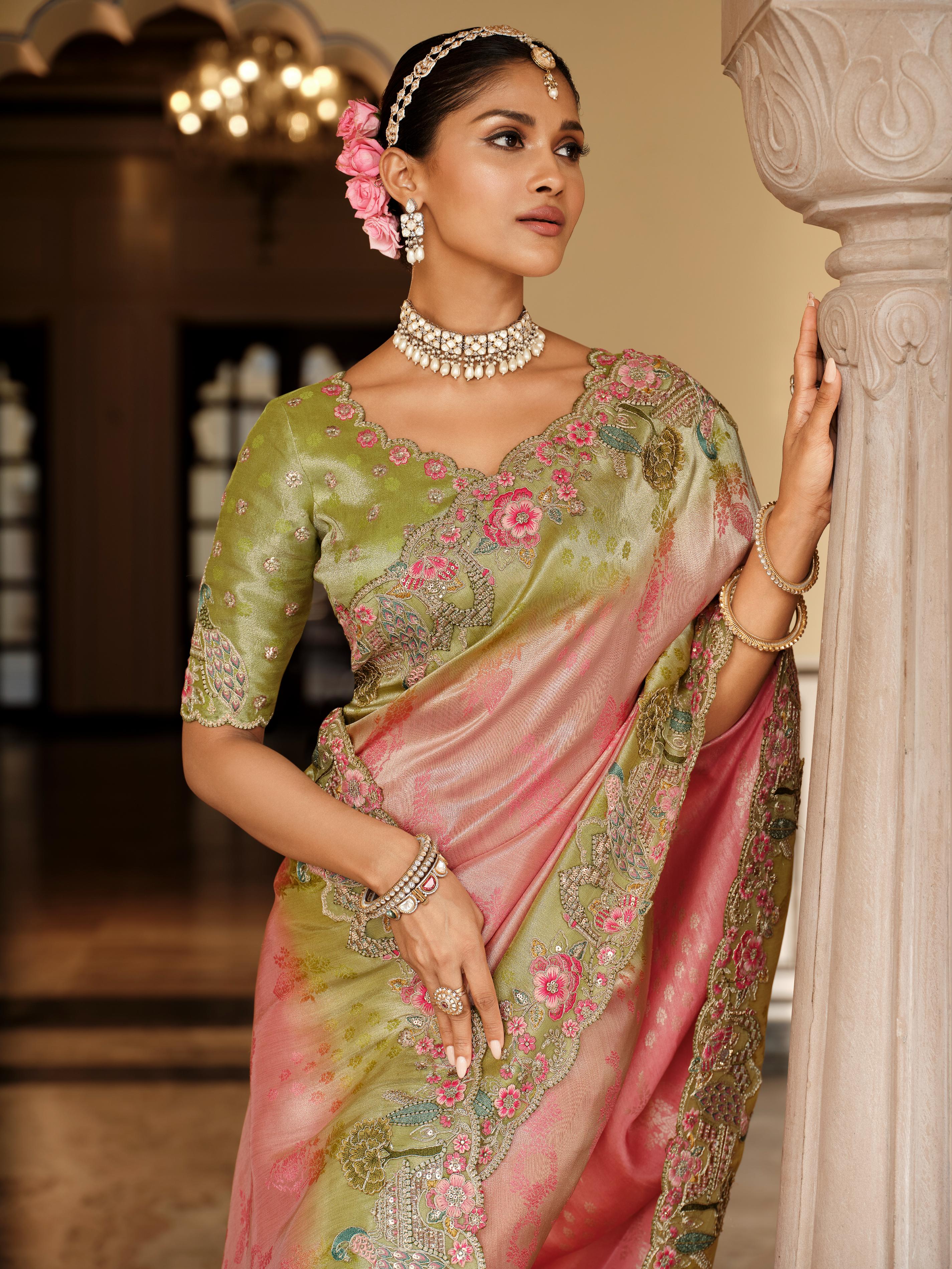 Traditional Pink Green Premium Fabric Saree with Embroidery and Patchwork - Image 2