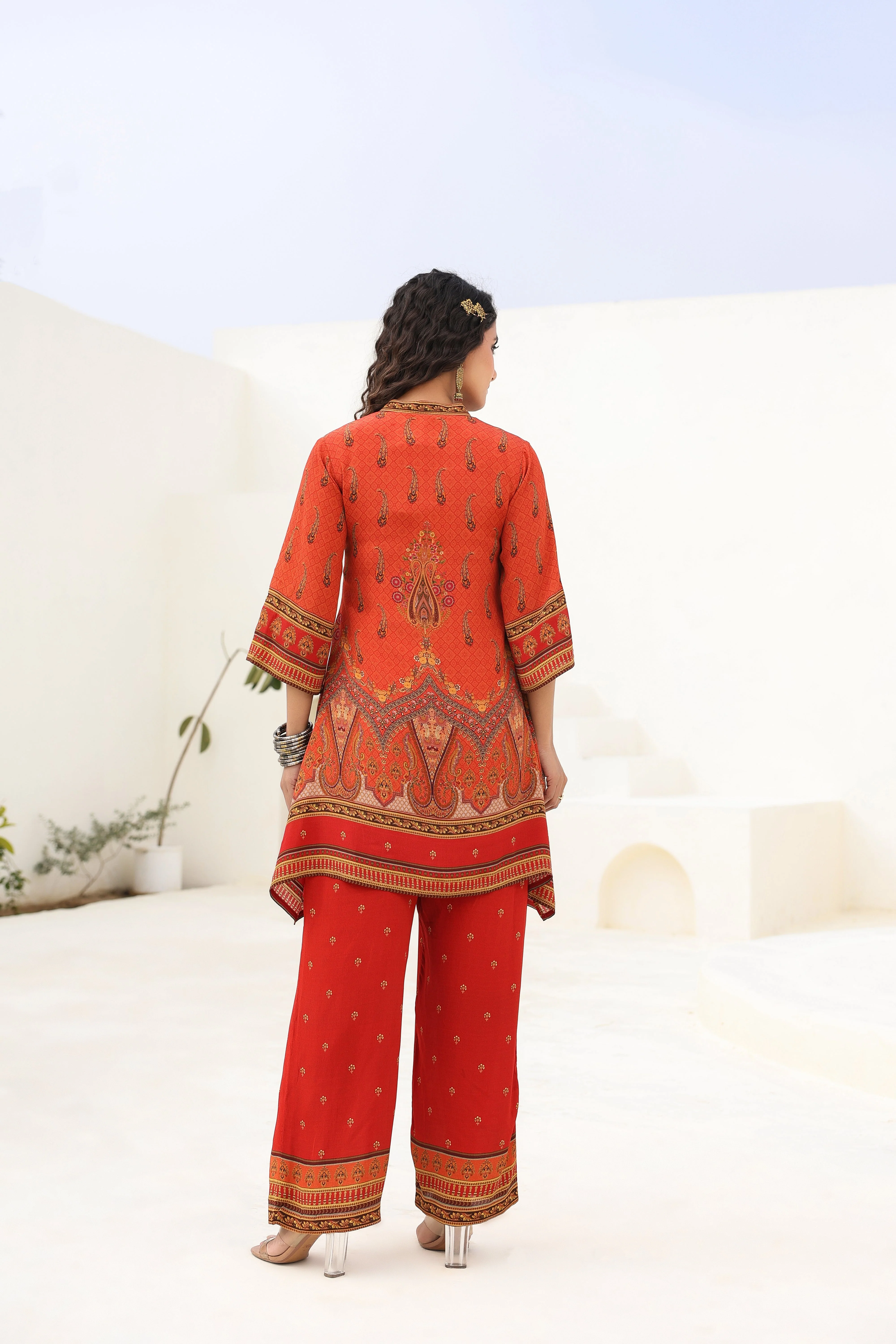 Red Traditional Printed Crepe Silk Kurta Pants Set - Image 5