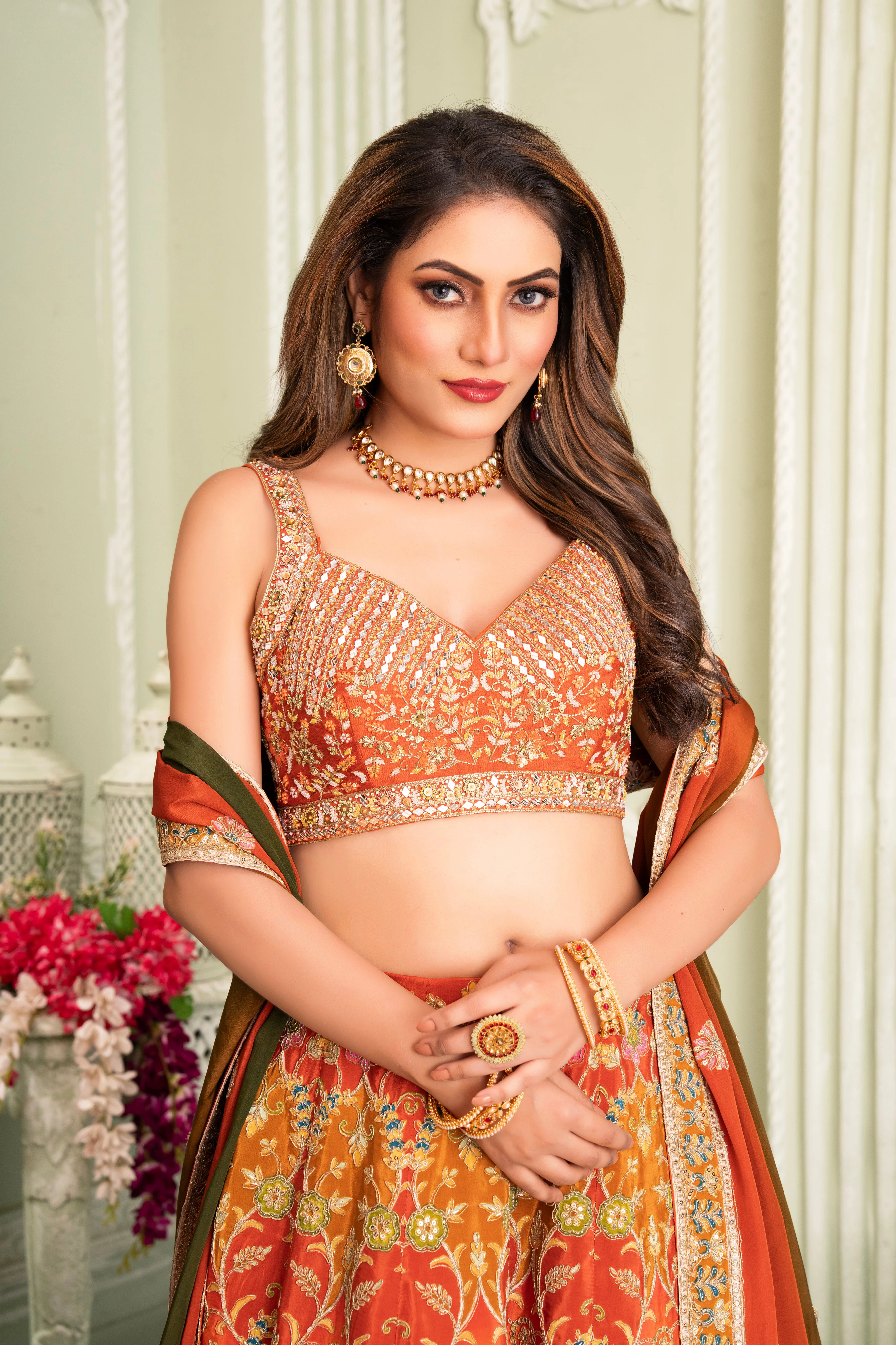 Orange Golden Handwork Lehenga Set - Image 3