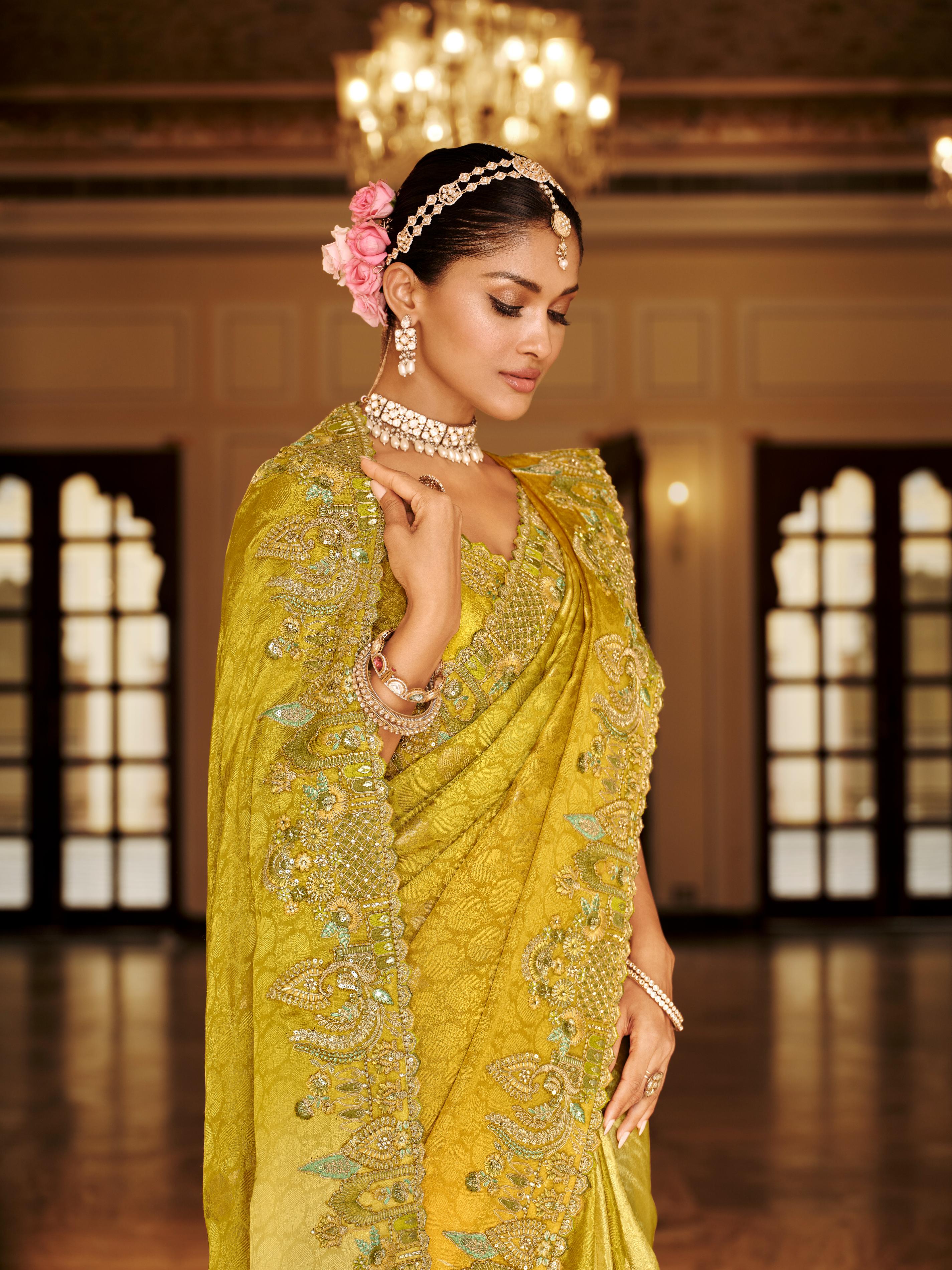 Traditional Yellow Premium Fabric Saree with Embroidery and Patchwork - Image 2
