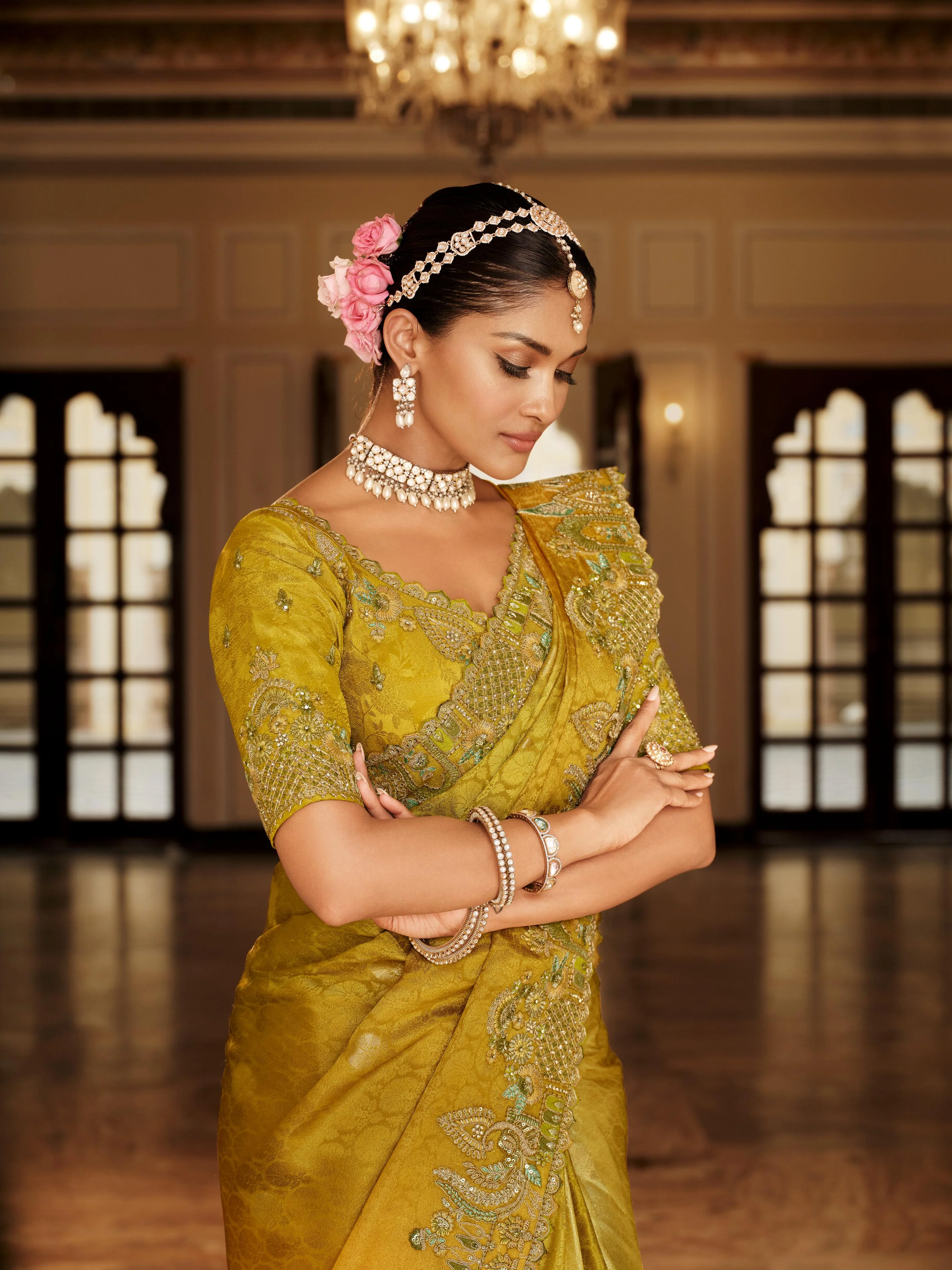 Traditional Yellow Premium Fabric Saree with Embroidery and Patchwork - Image 3