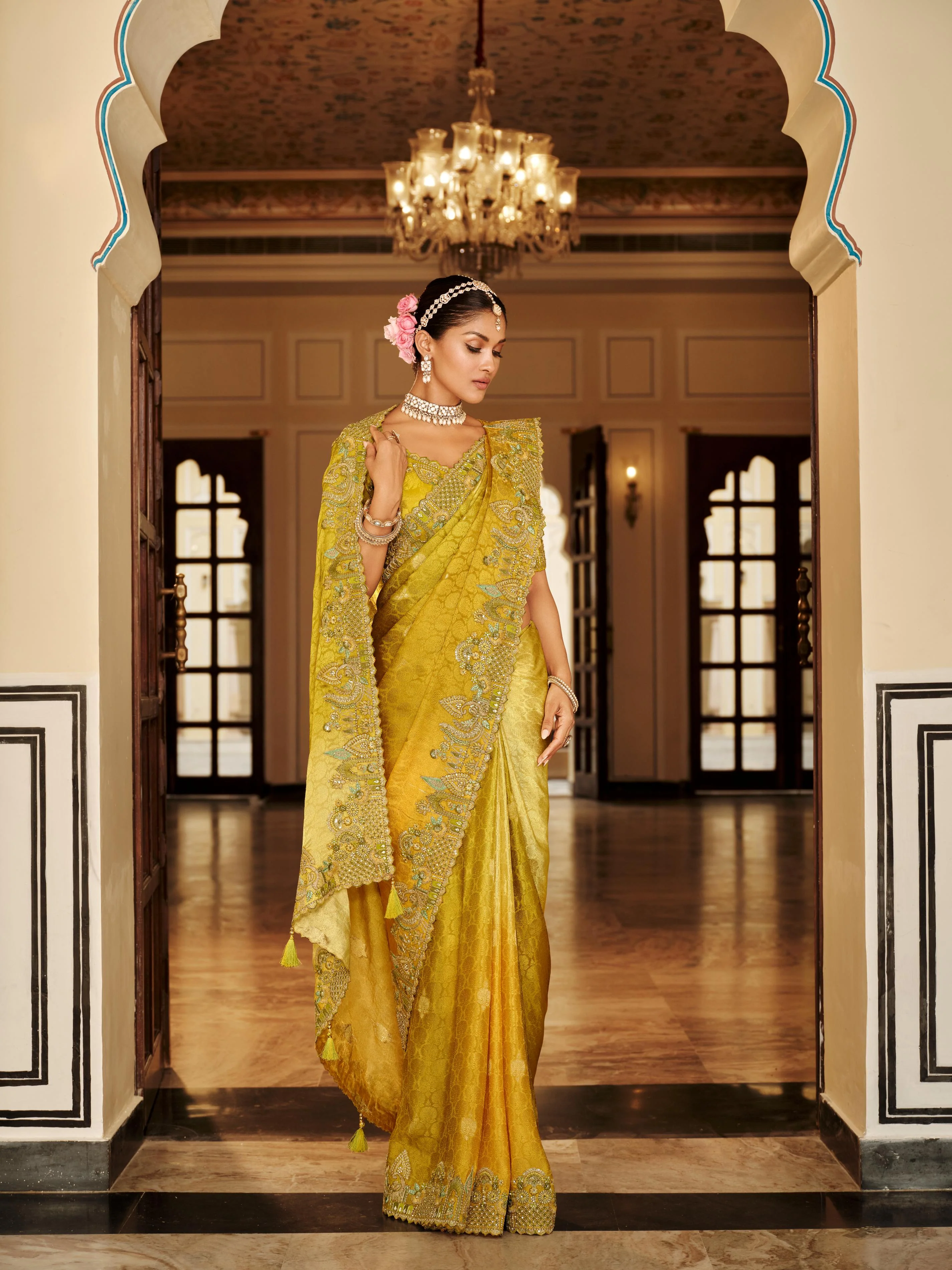 Traditional Yellow Premium Fabric Saree with Embroidery and Patchwork - Image 4