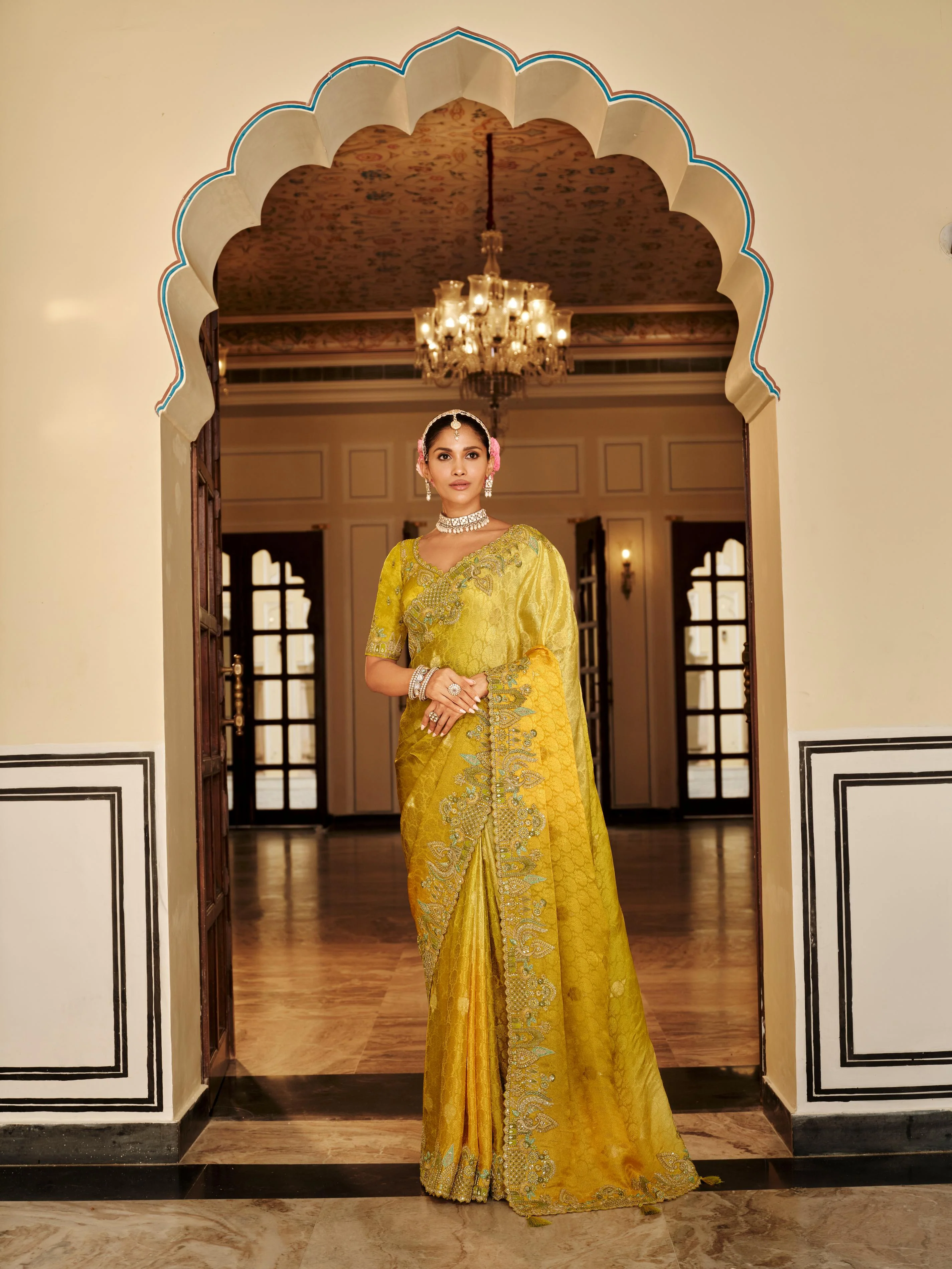 Traditional Yellow Premium Fabric Saree with Embroidery and Patchwork - Image 5