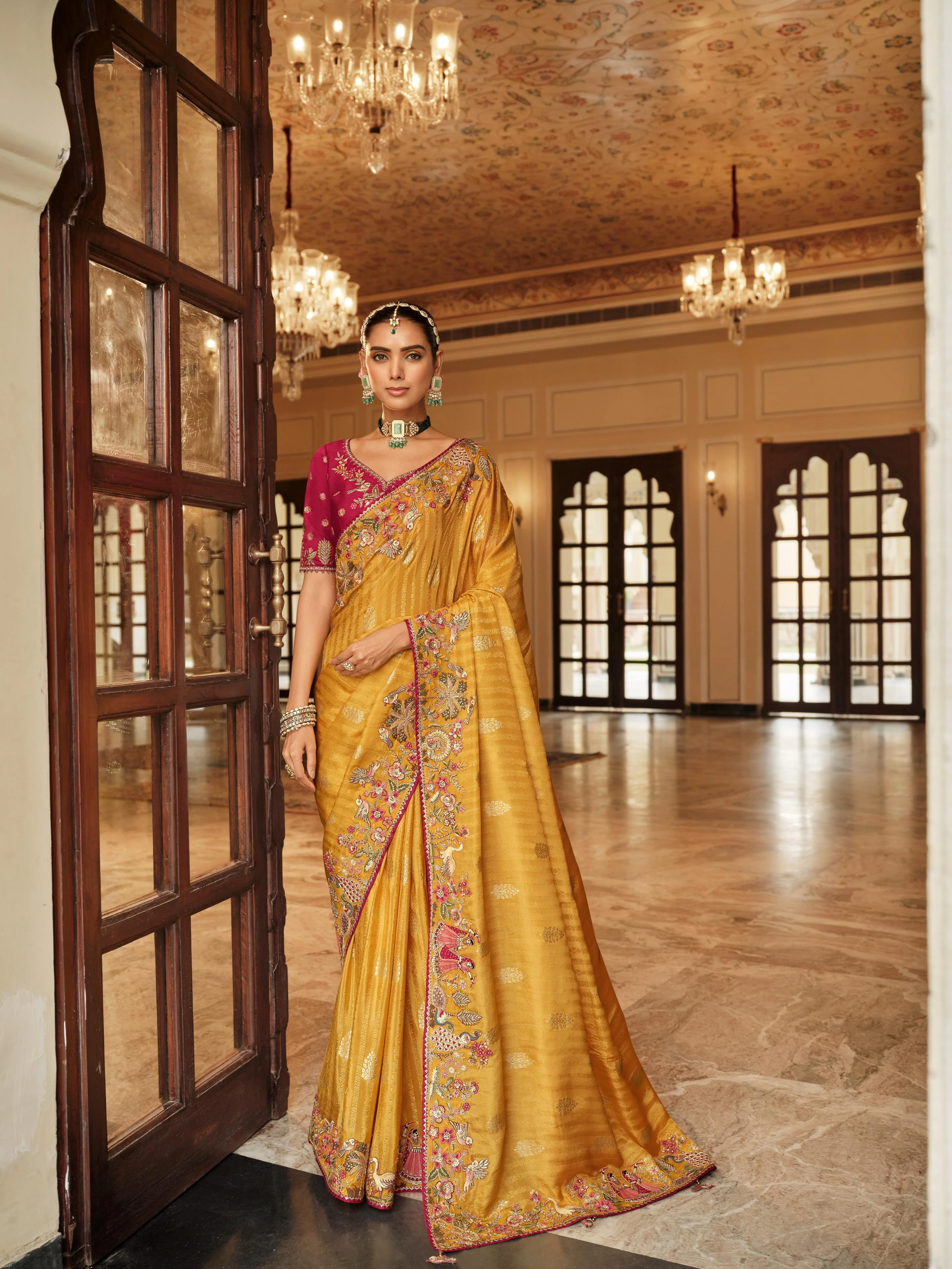 Traditional Mustard Premium Fabric Saree with Embroidery and Patchwork - Image 2