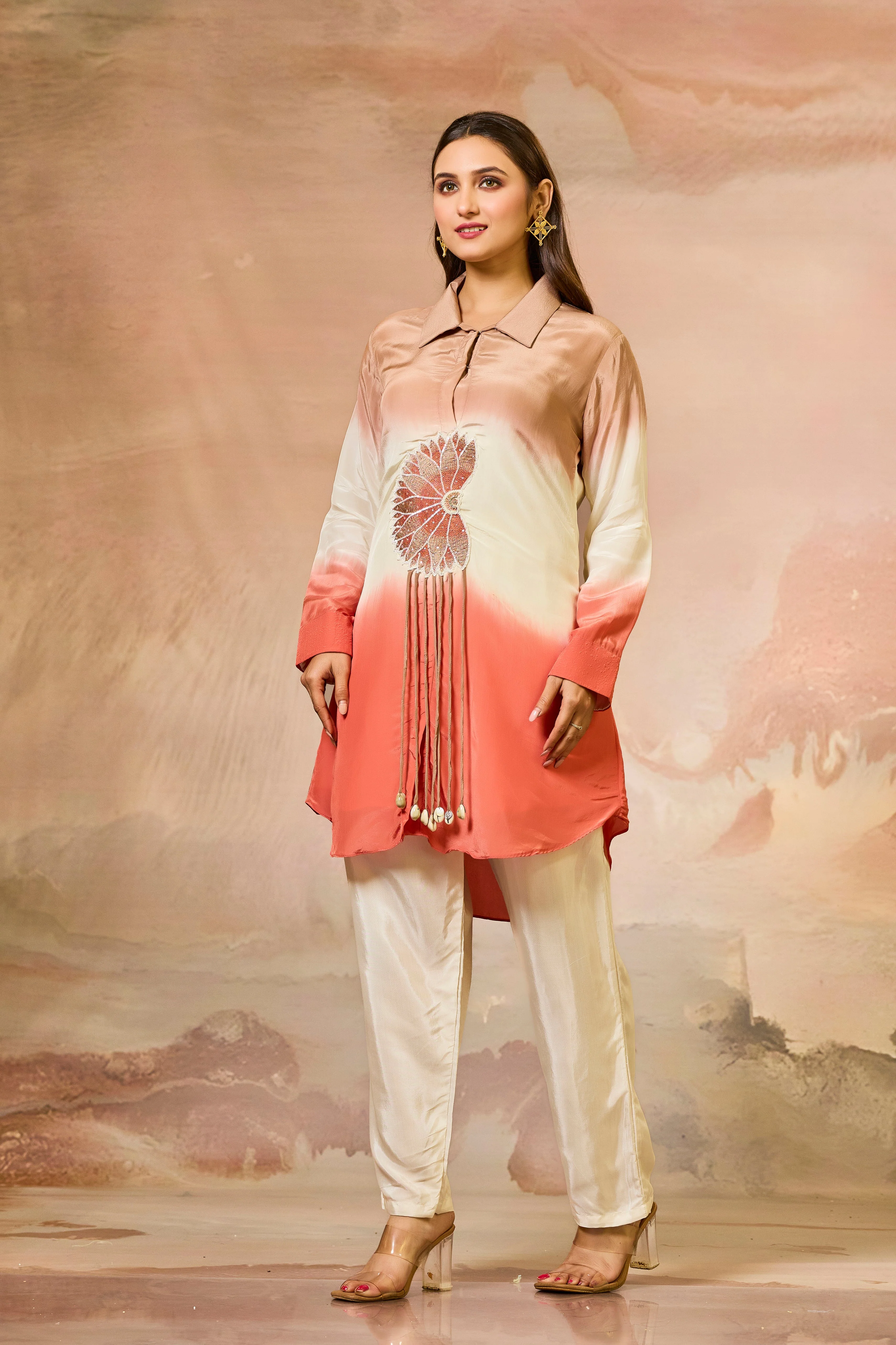 Red Tricolor Crepe Silk Co-Ord Set - Image 3