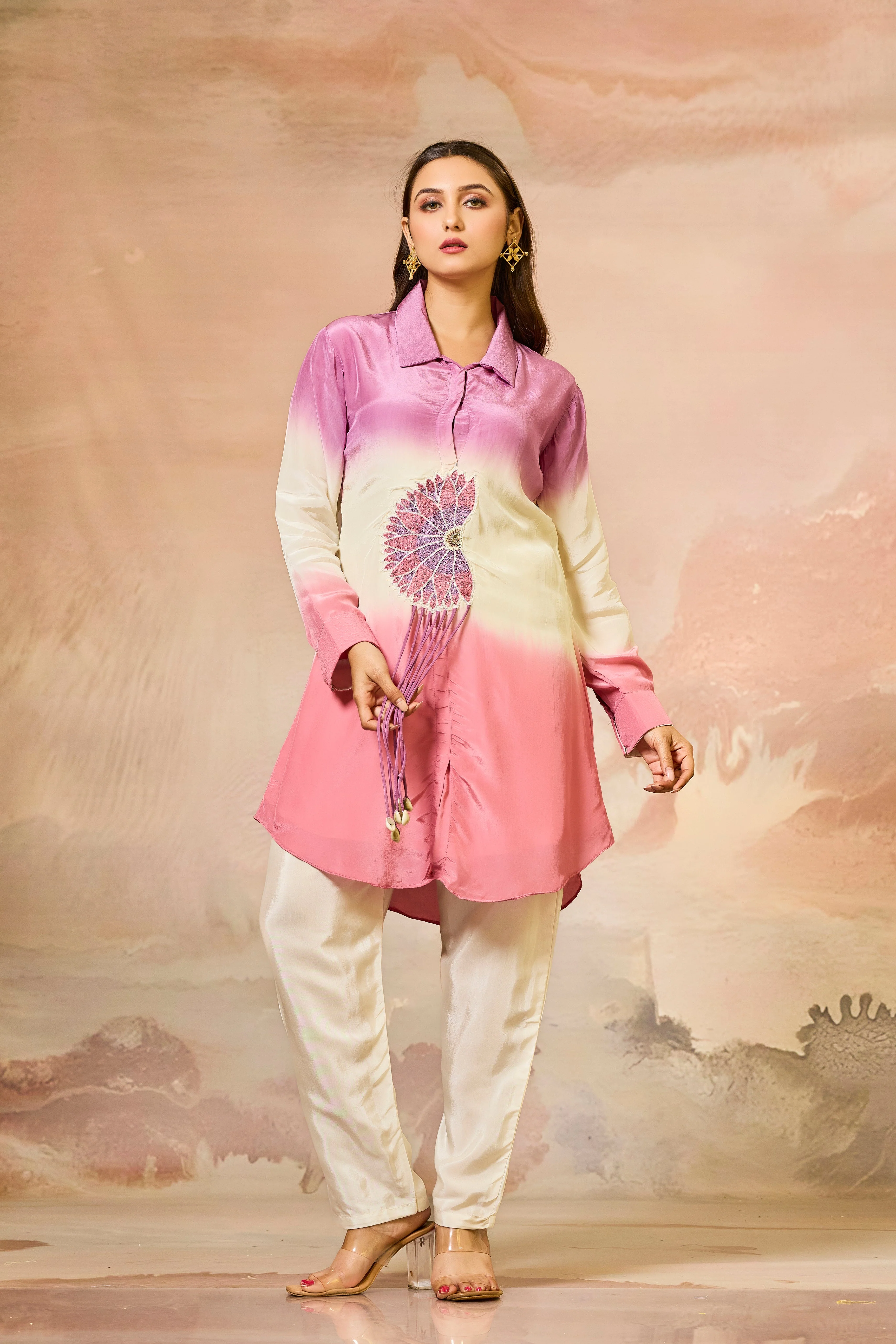 Pink Tricolor Crepe Silk Co-Ord Set