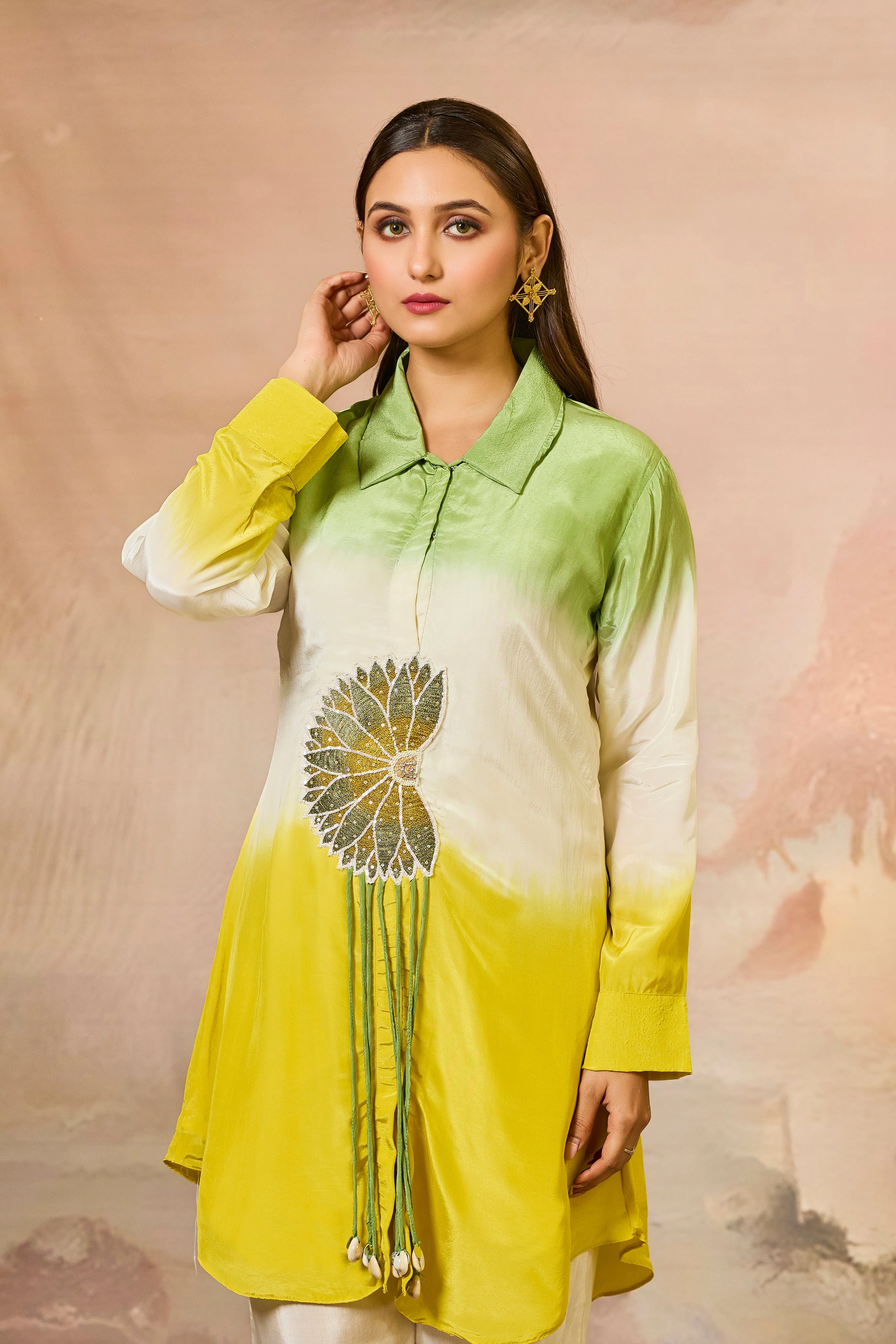 Green Tricolor Crepe Silk Co-Ord Set - Image 2