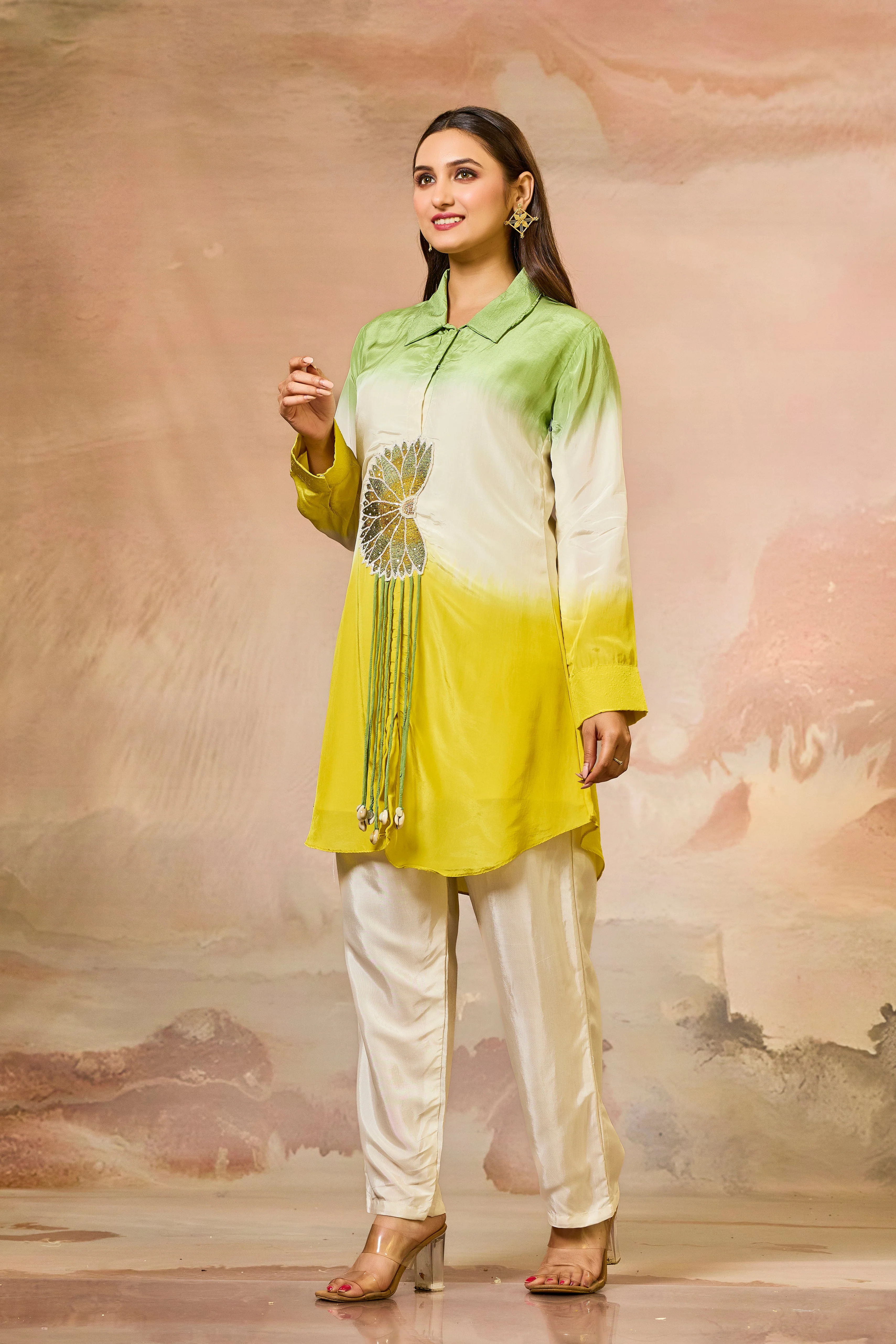 Green Tricolor Crepe Silk Co-Ord Set - Image 3