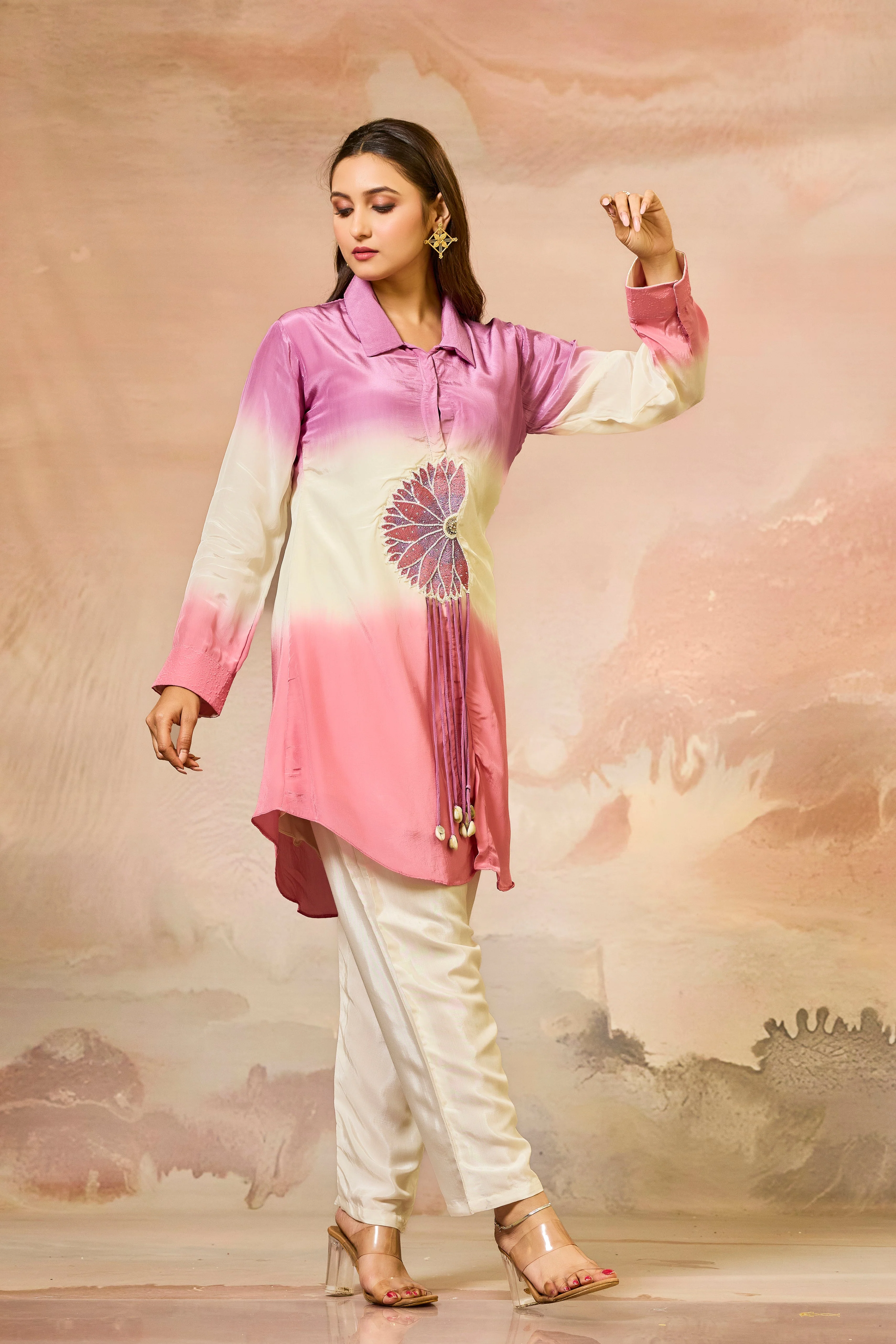 Pink Tricolor Crepe Silk Co-Ord Set - Image 2