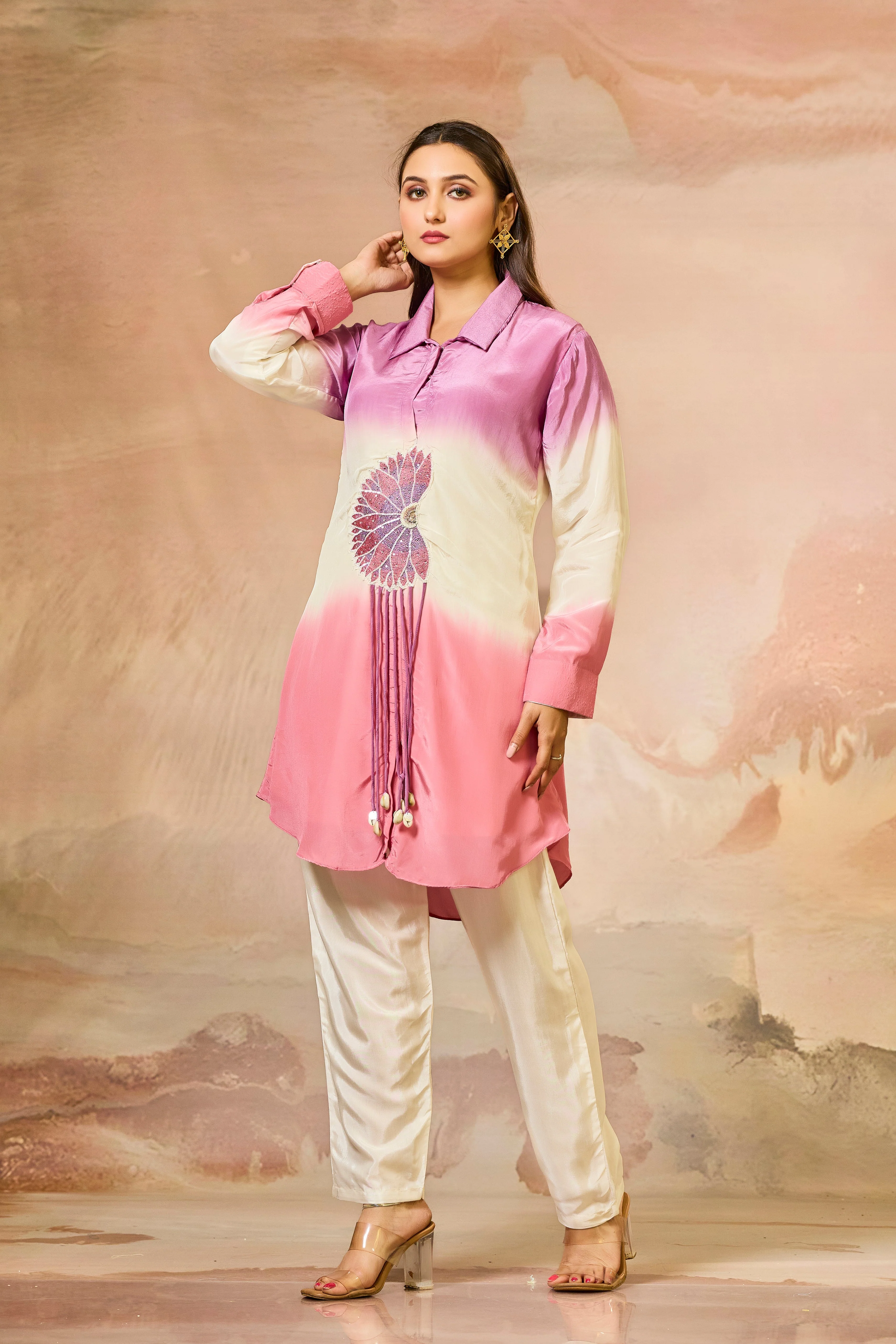Pink Tricolor Crepe Silk Co-Ord Set - Image 3