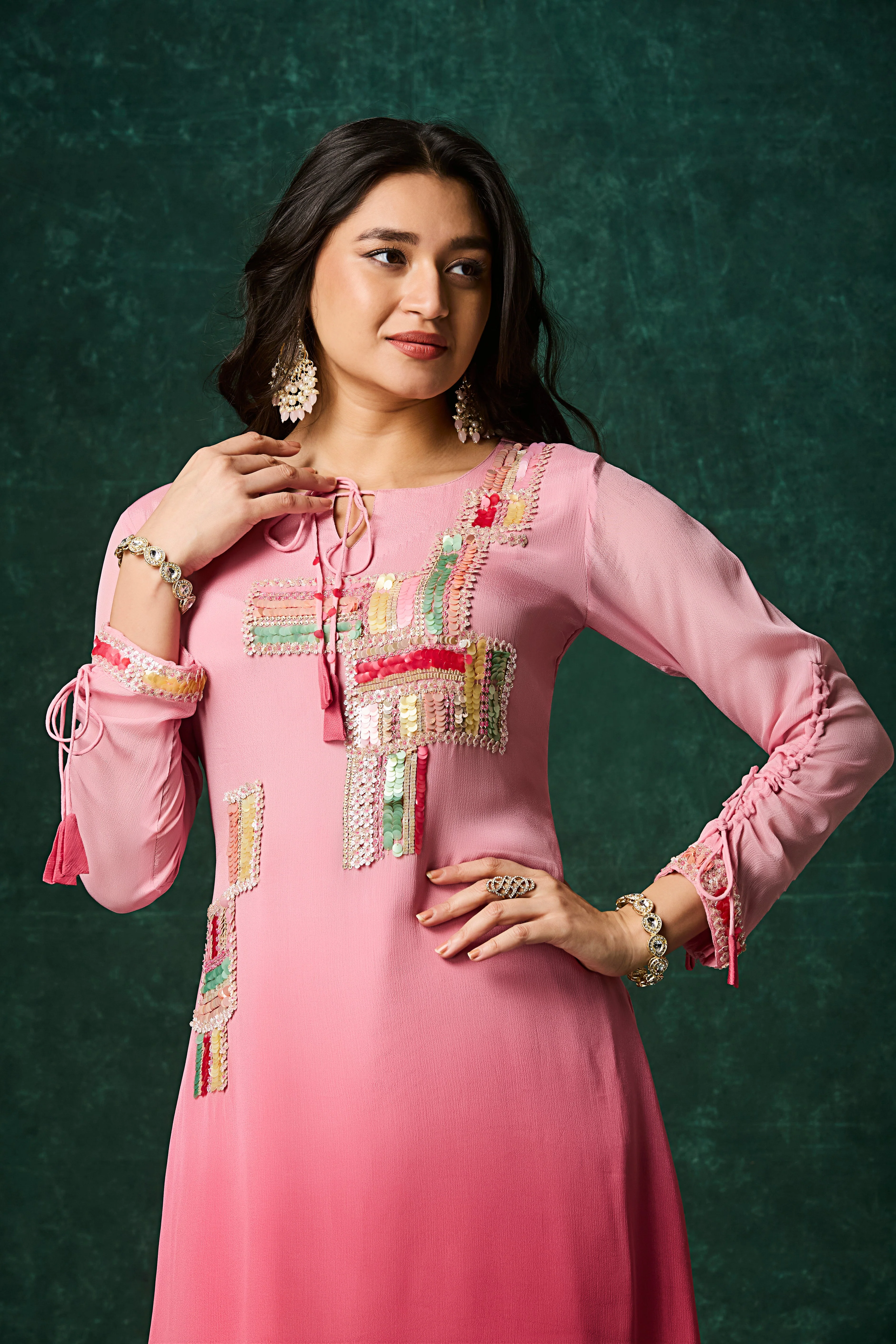 Tropical Pink Ombre Embellished Chinon Silk Kurta Set - Image 2