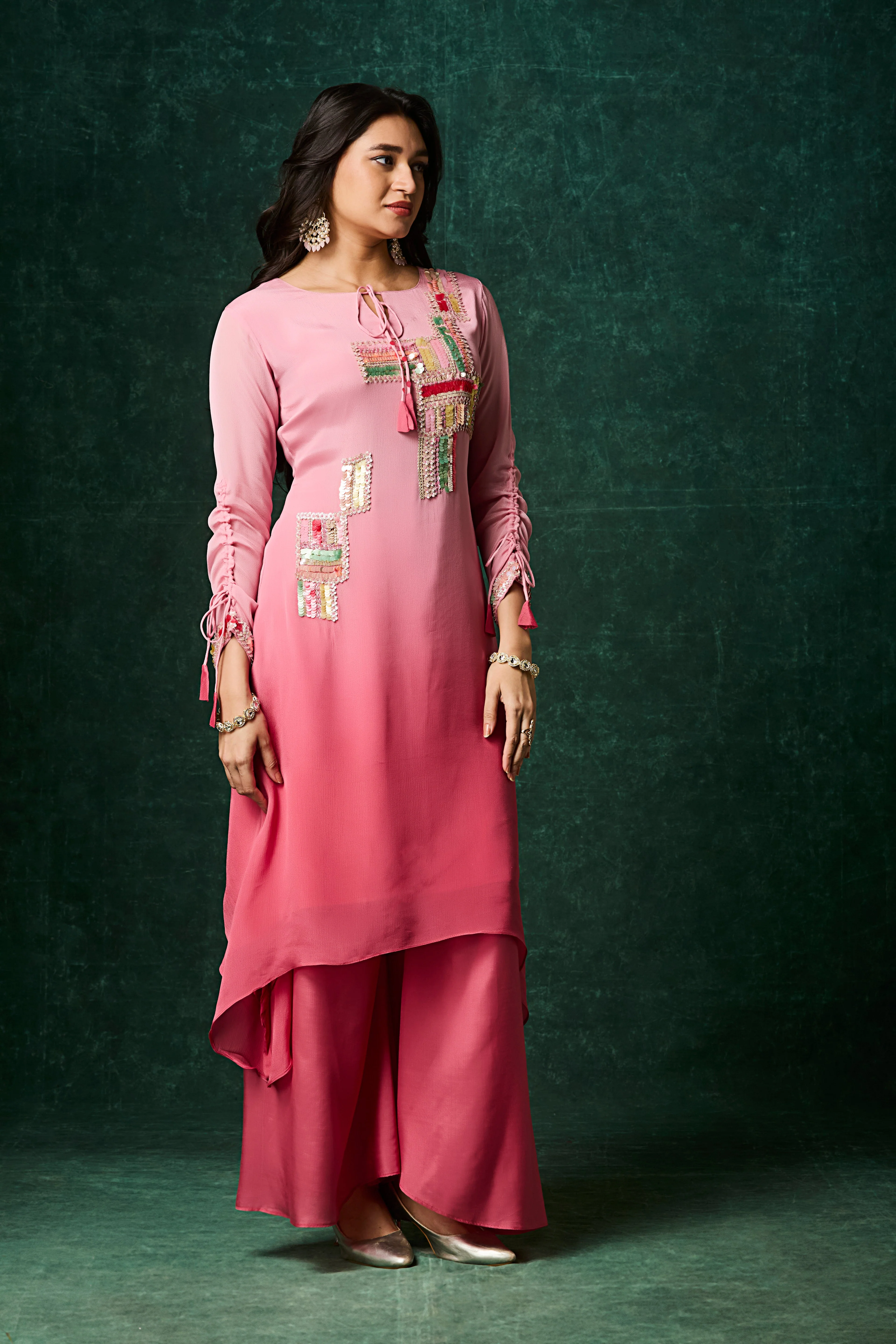 Tropical Pink Ombre Embellished Chinon Silk Kurta Set - Image 3