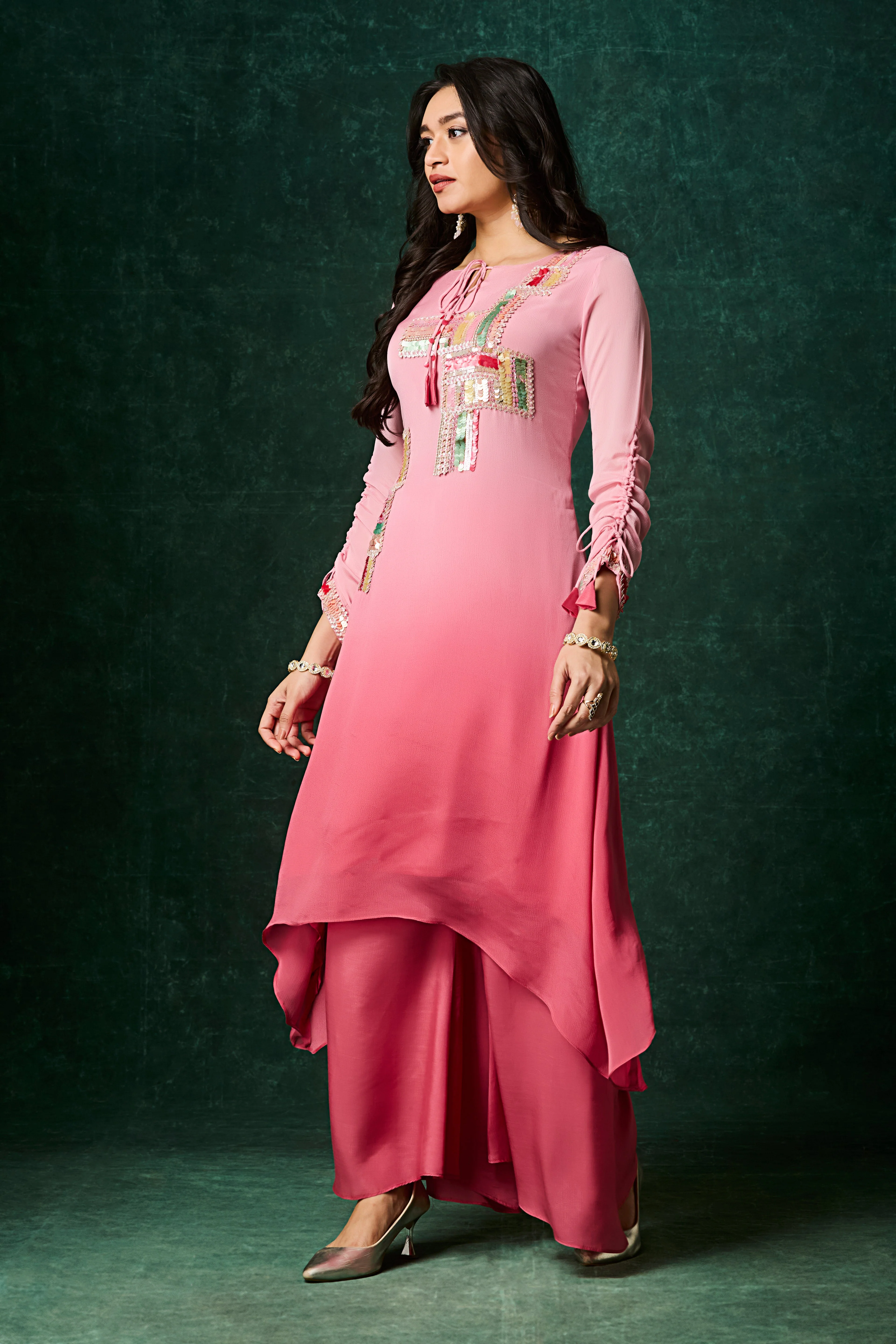 Tropical Pink Ombre Embellished Chinon Silk Kurta Set - Image 4