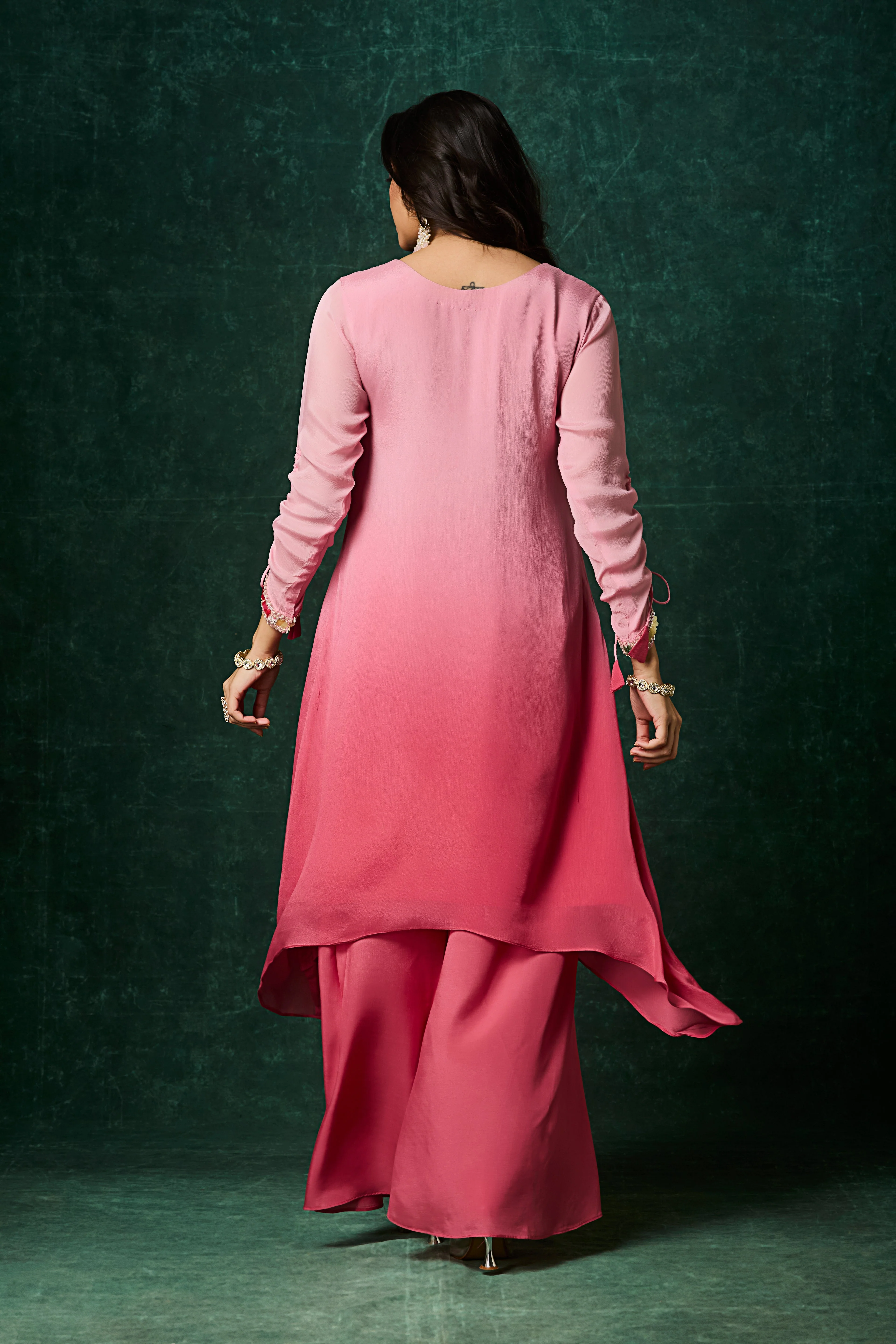 Tropical Pink Ombre Embellished Chinon Silk Kurta Set - Image 5