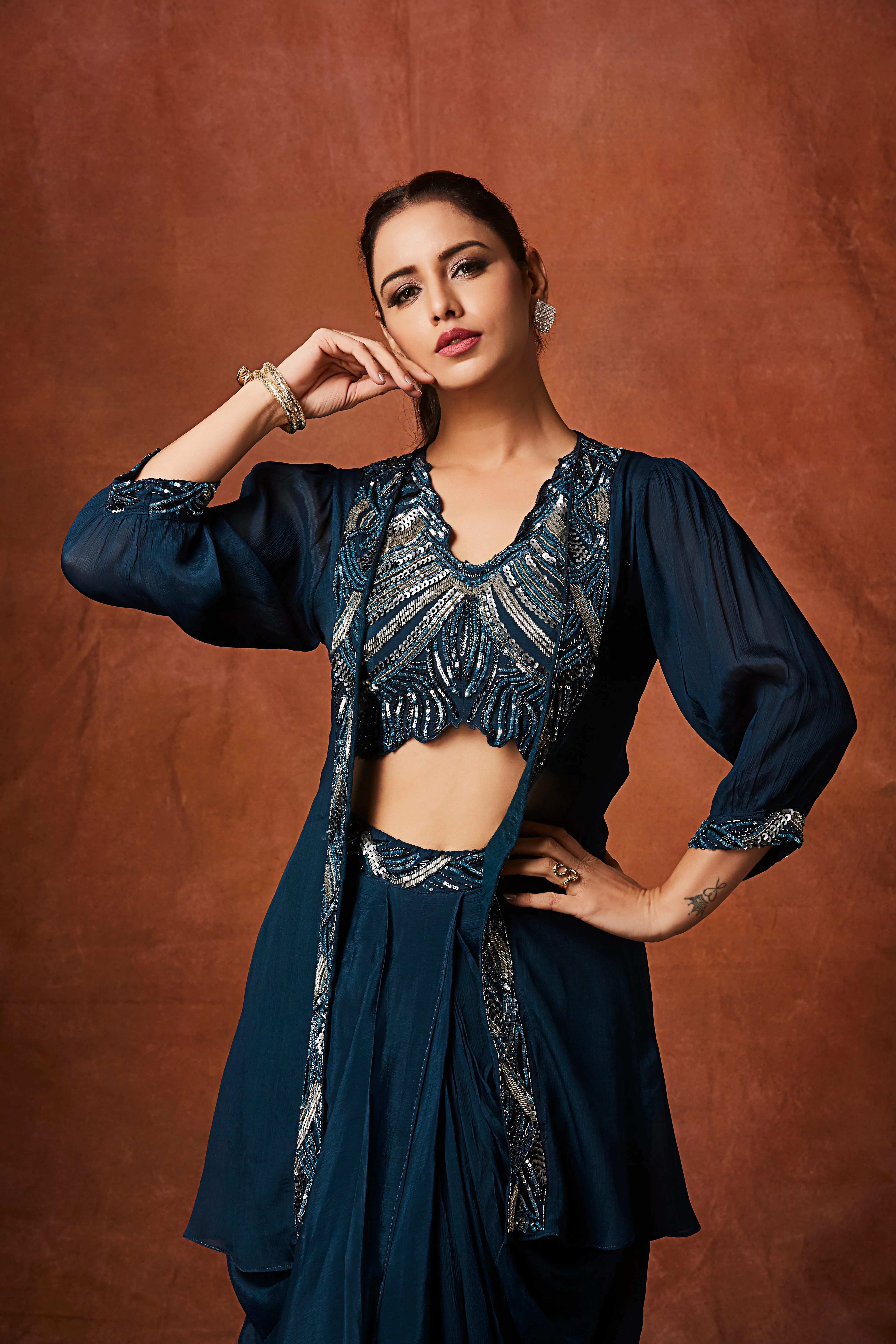 Tropical Teal Embellished Chinon Silk Skirt Set - Image 2