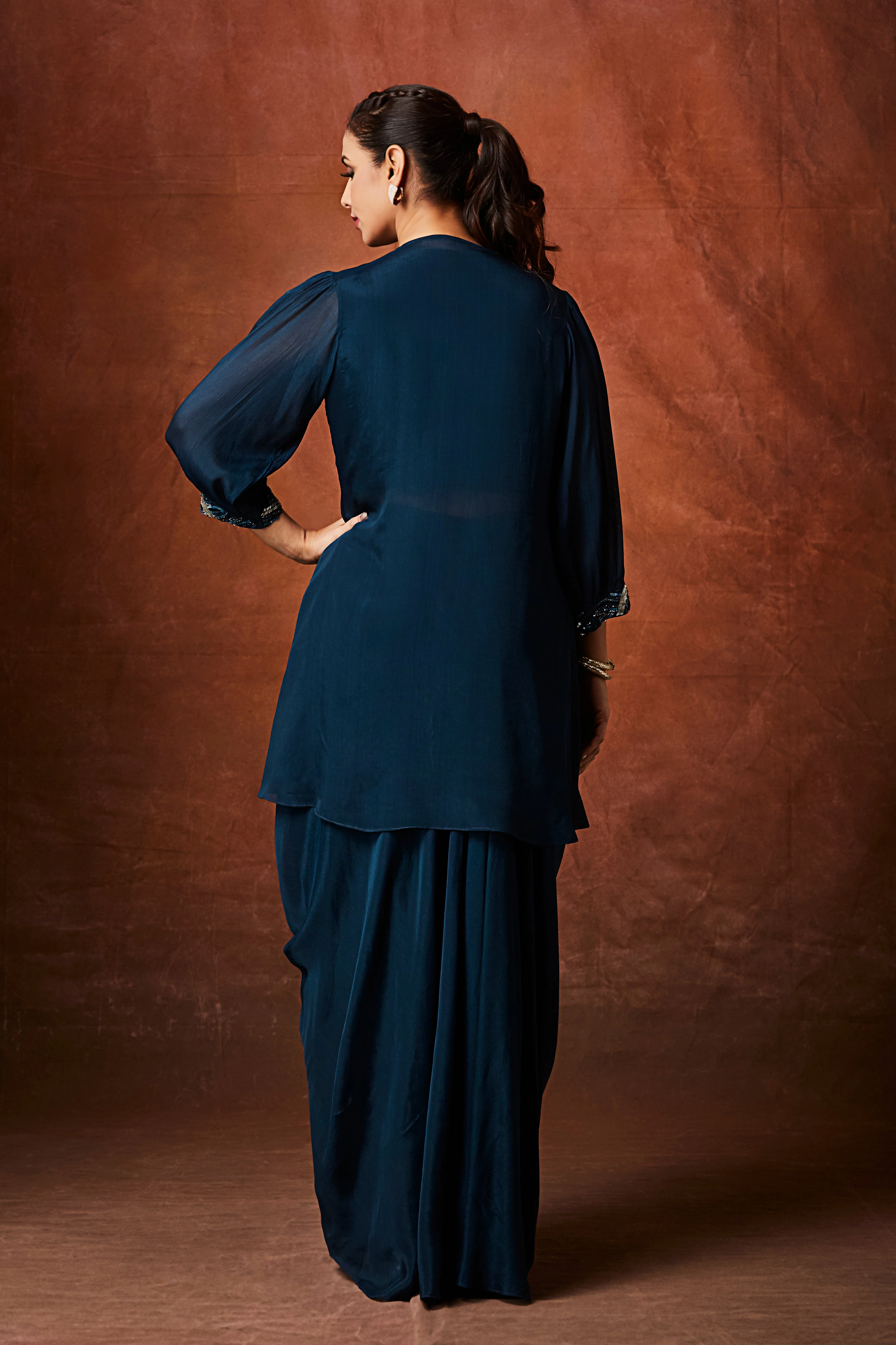 Tropical Teal Embellished Chinon Silk Skirt Set - Image 3