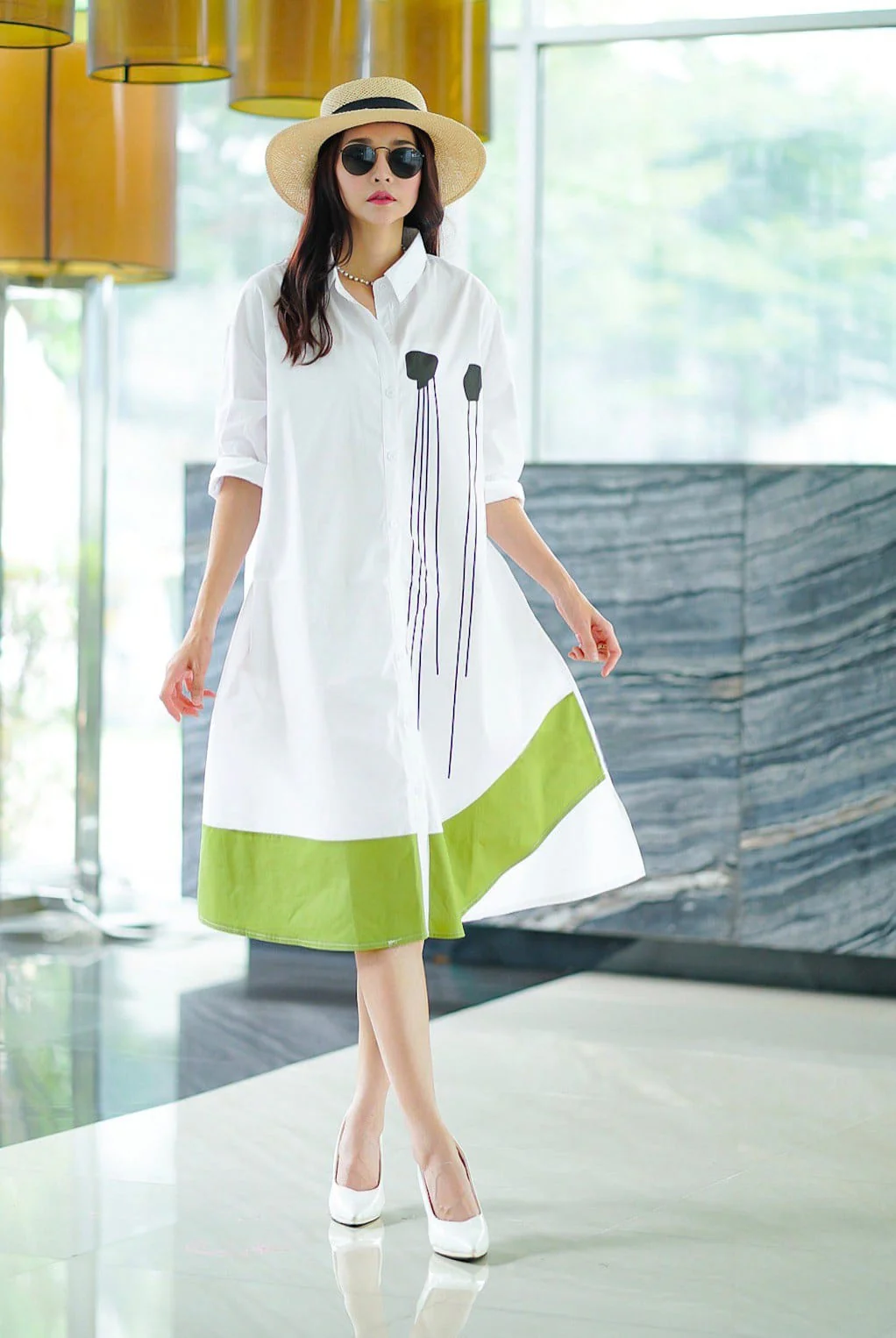 White Plastisol Print Cotton Tunic Dress - Image 2
