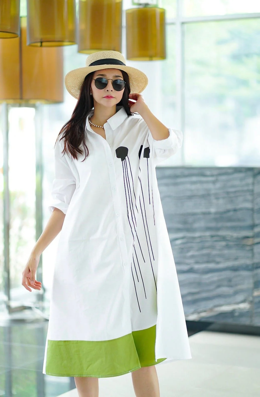 White Plastisol Print Cotton Tunic Dress - Image 3