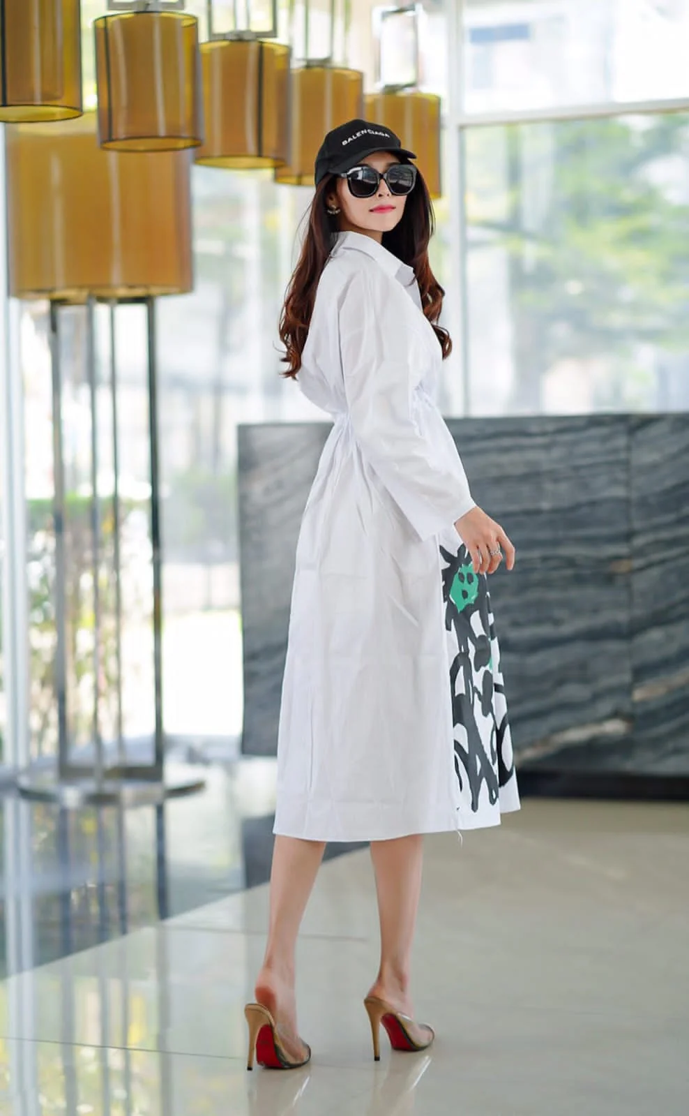 White Minimalist Botanical Print Tunic Dress - Image 3