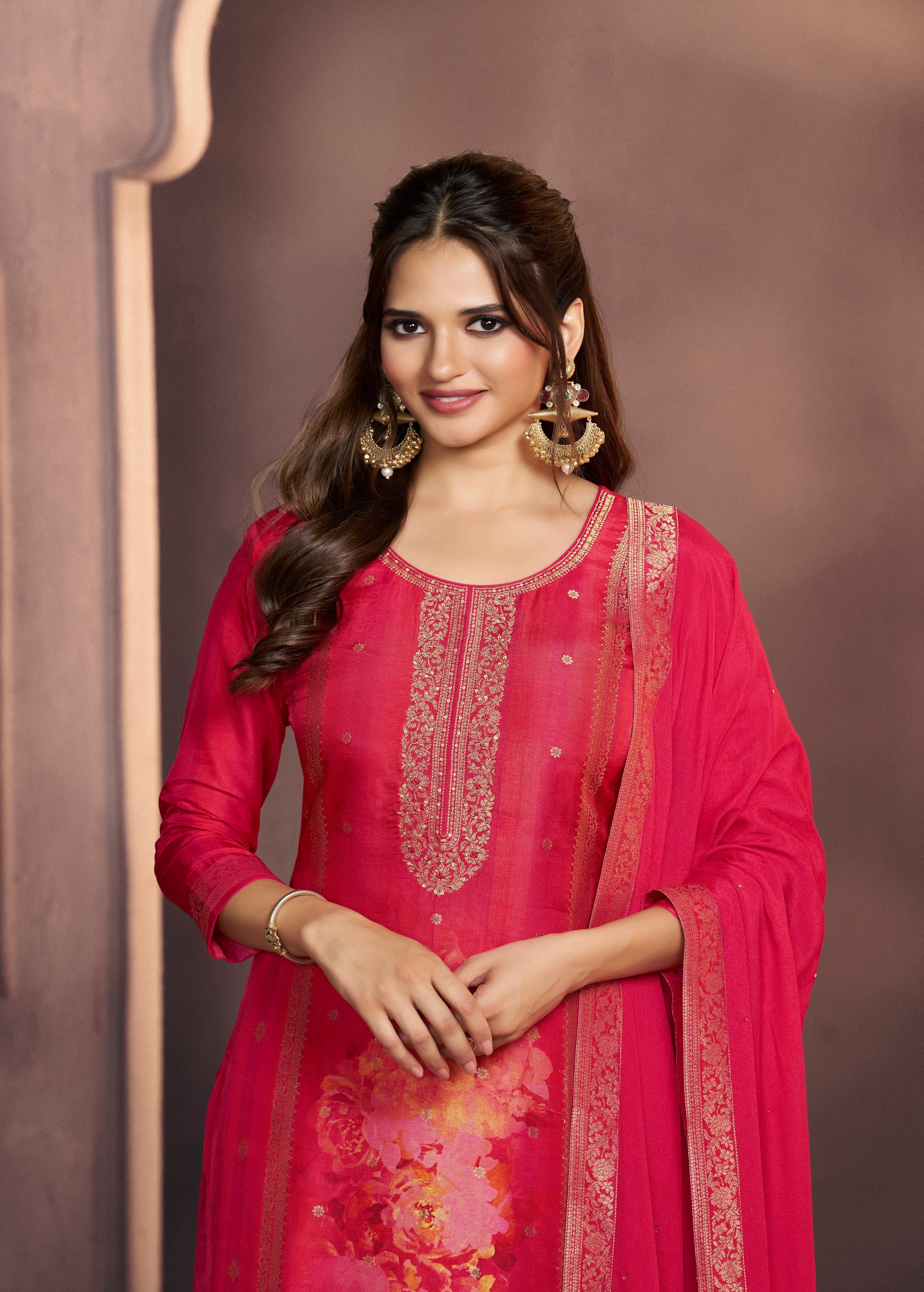 Fuchsia Pink Printed Dola Silk Pant Set - Image 2