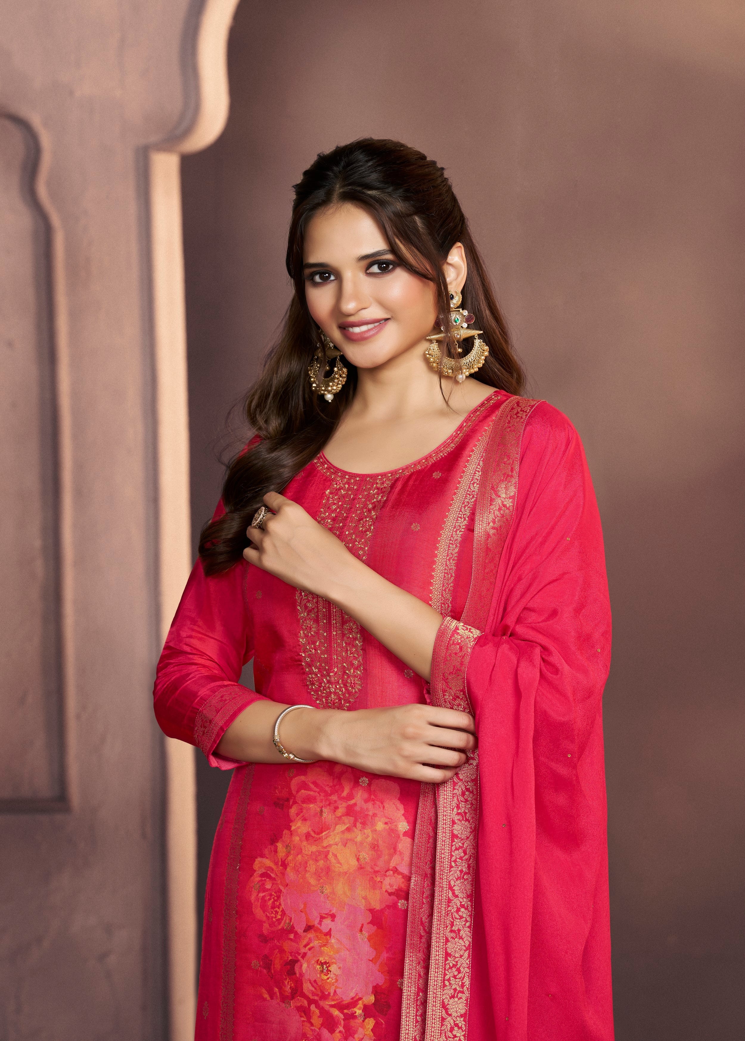 Fuchsia Pink Printed Dola Silk Pant Set - Image 3