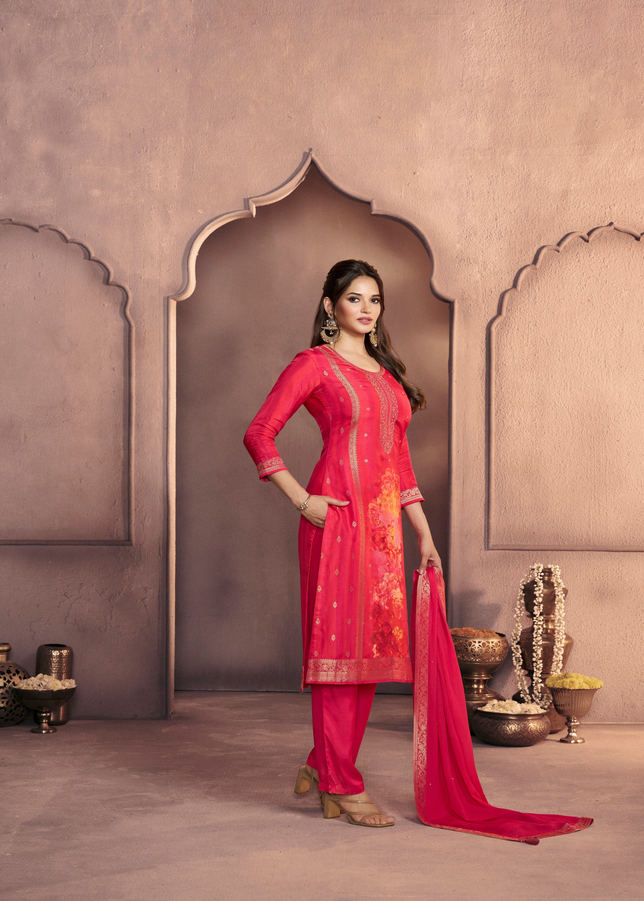 Fuchsia Pink Printed Dola Silk Pant Set - Image 4