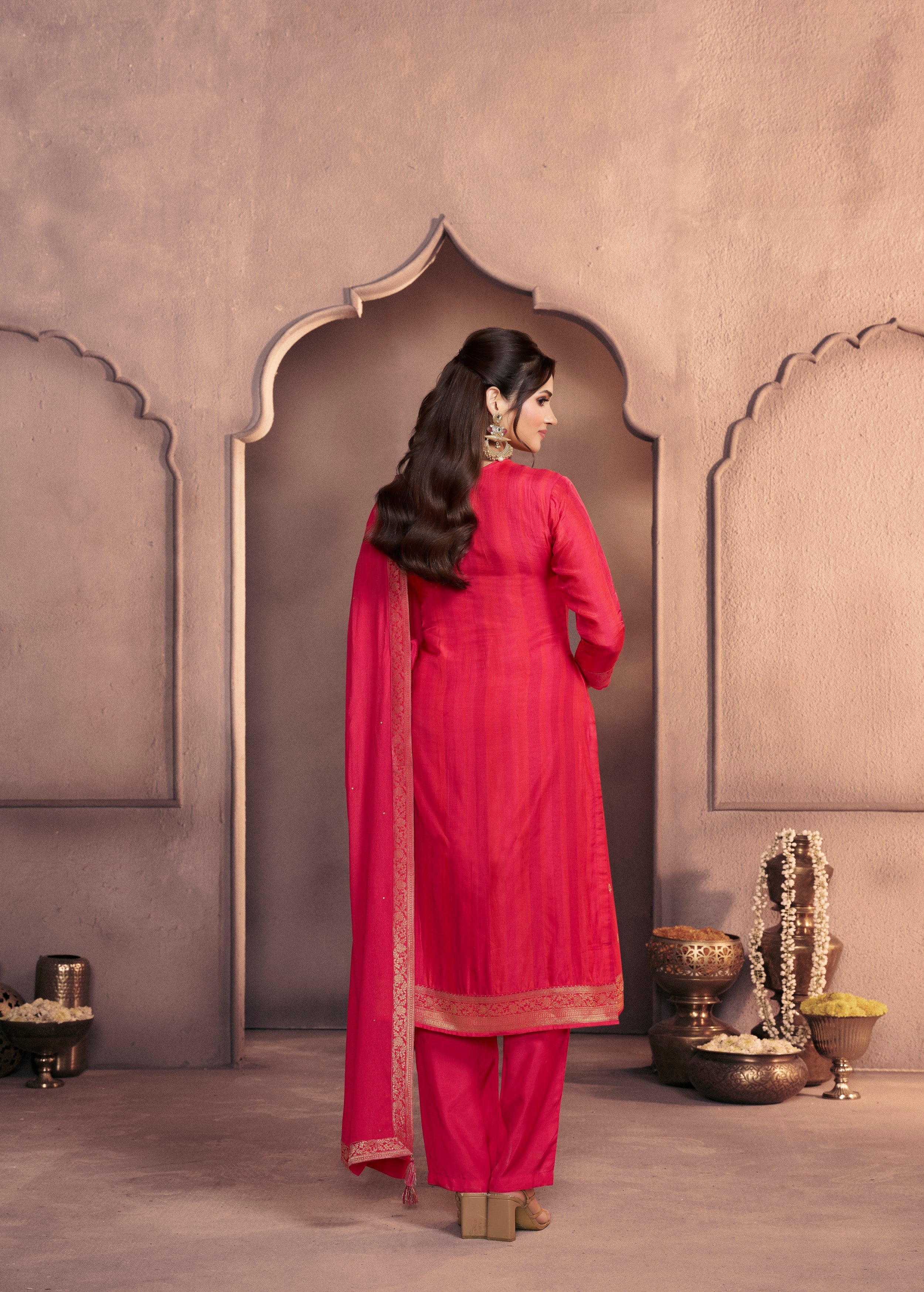 Fuchsia Pink Printed Dola Silk Pant Set - Image 5