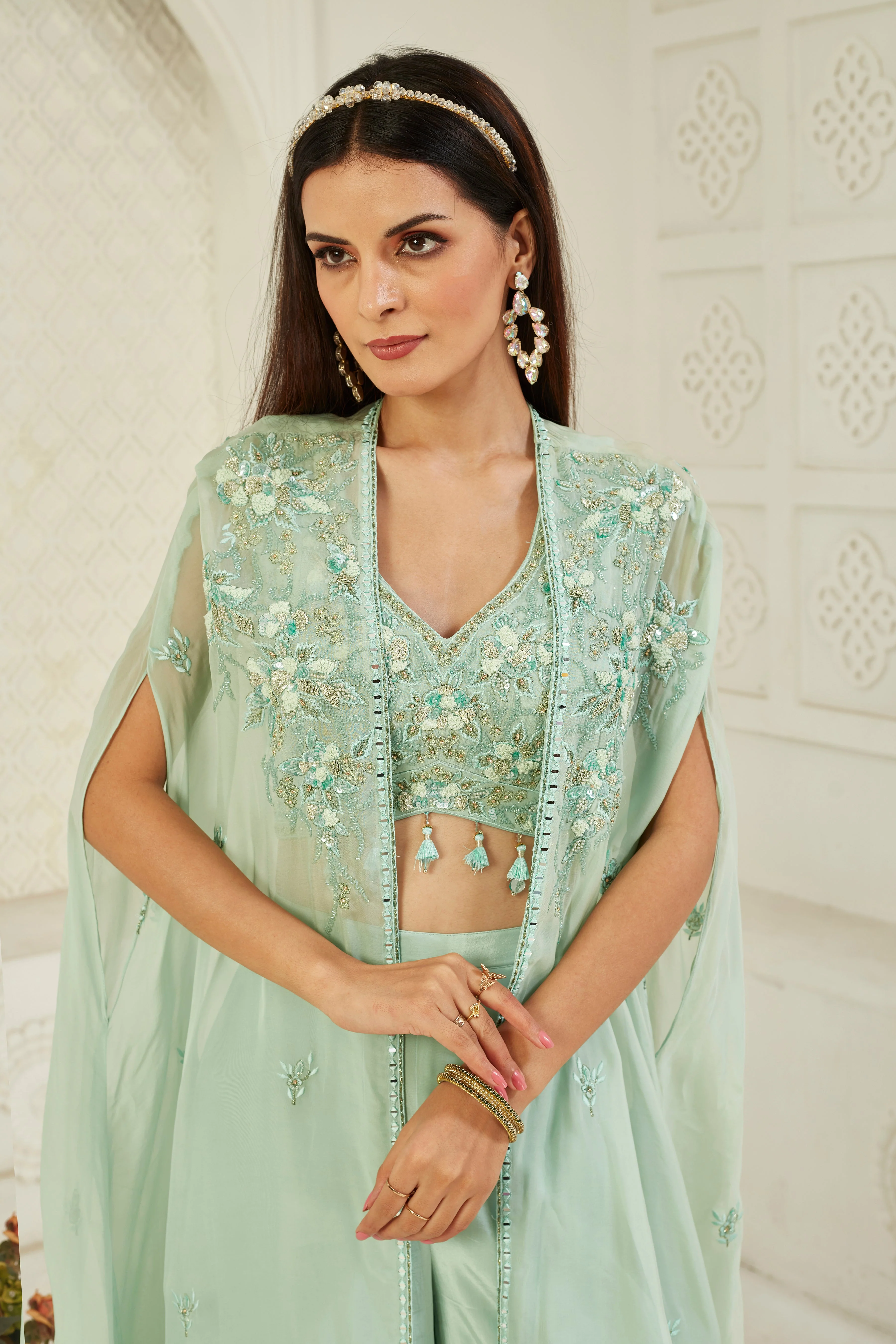 Turquoise Embellished Georgette Silk Cape Set - Image 2