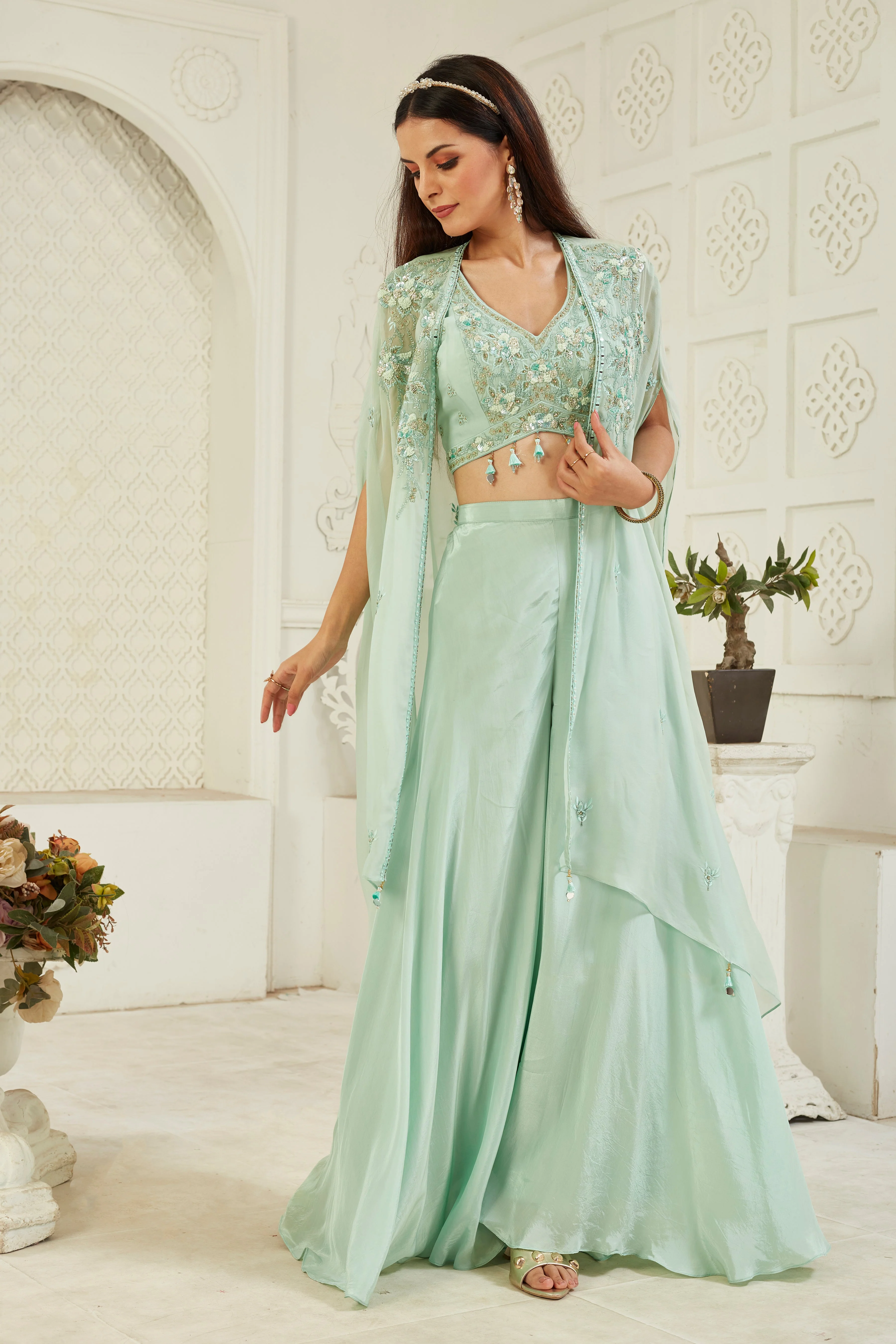 Turquoise Embellished Georgette Silk Cape Set - Image 3