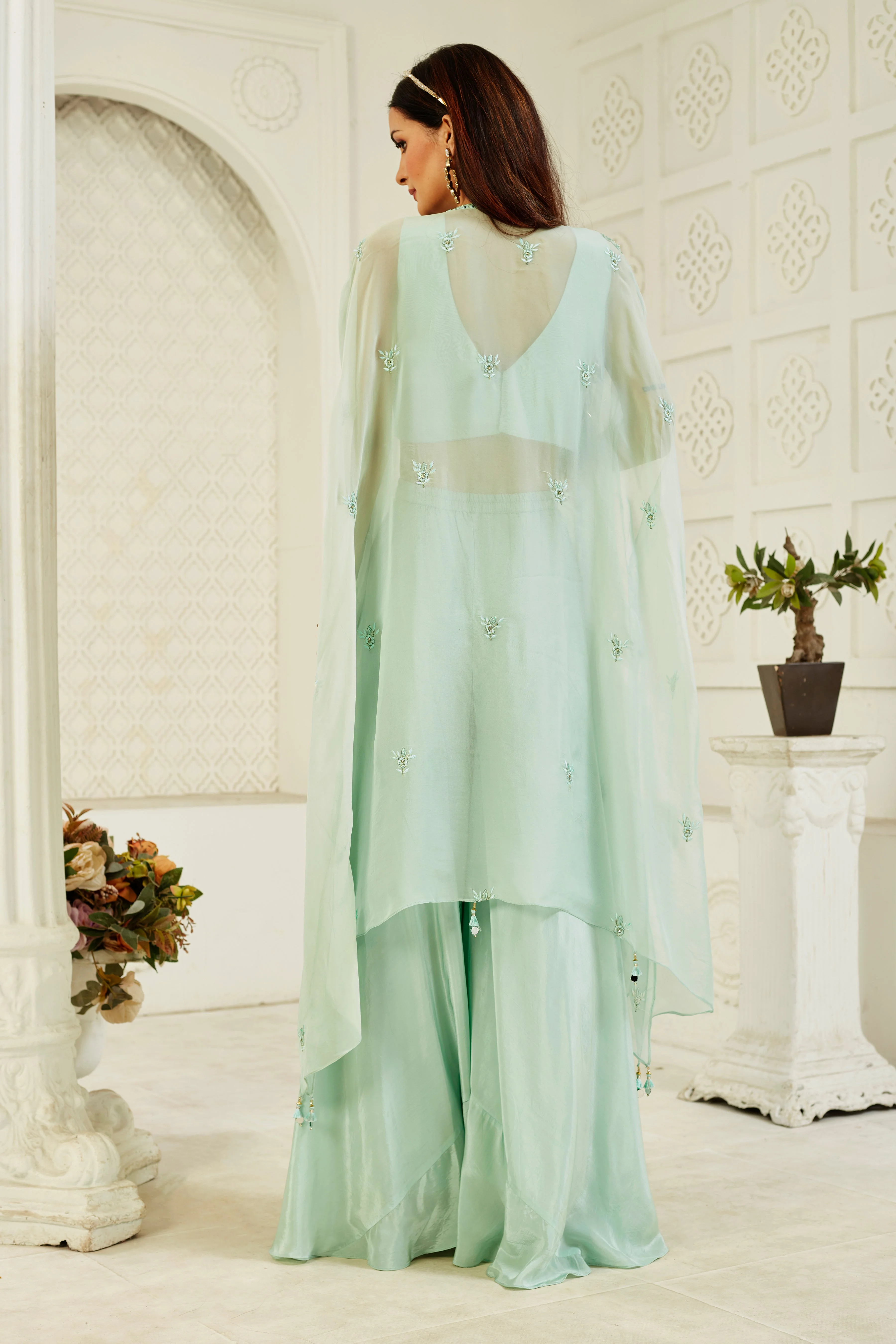 Turquoise Embellished Georgette Silk Cape Set - Image 4
