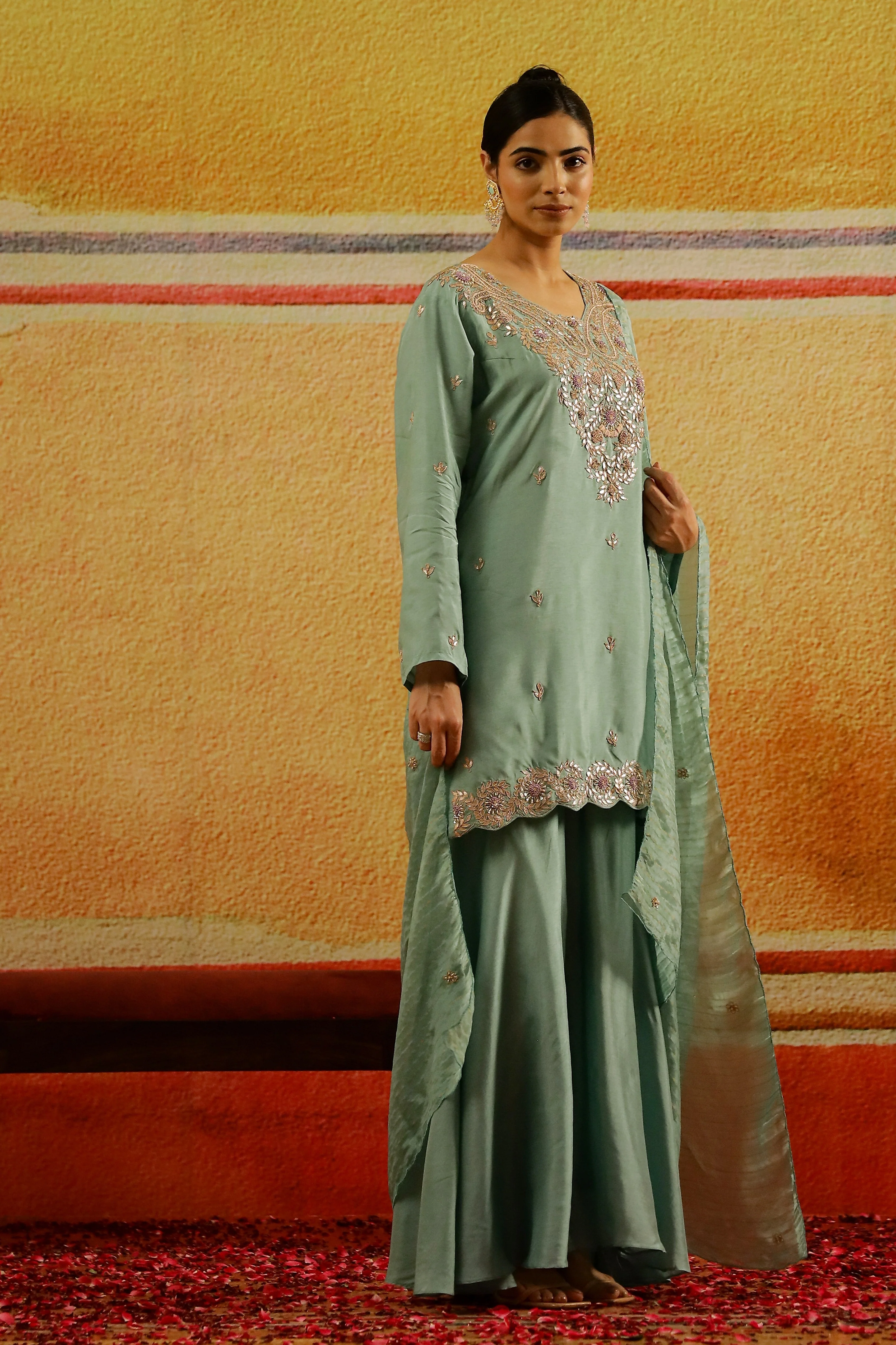 Turquoise Embroidered Italian Silk Palazzo Set - Image 3
