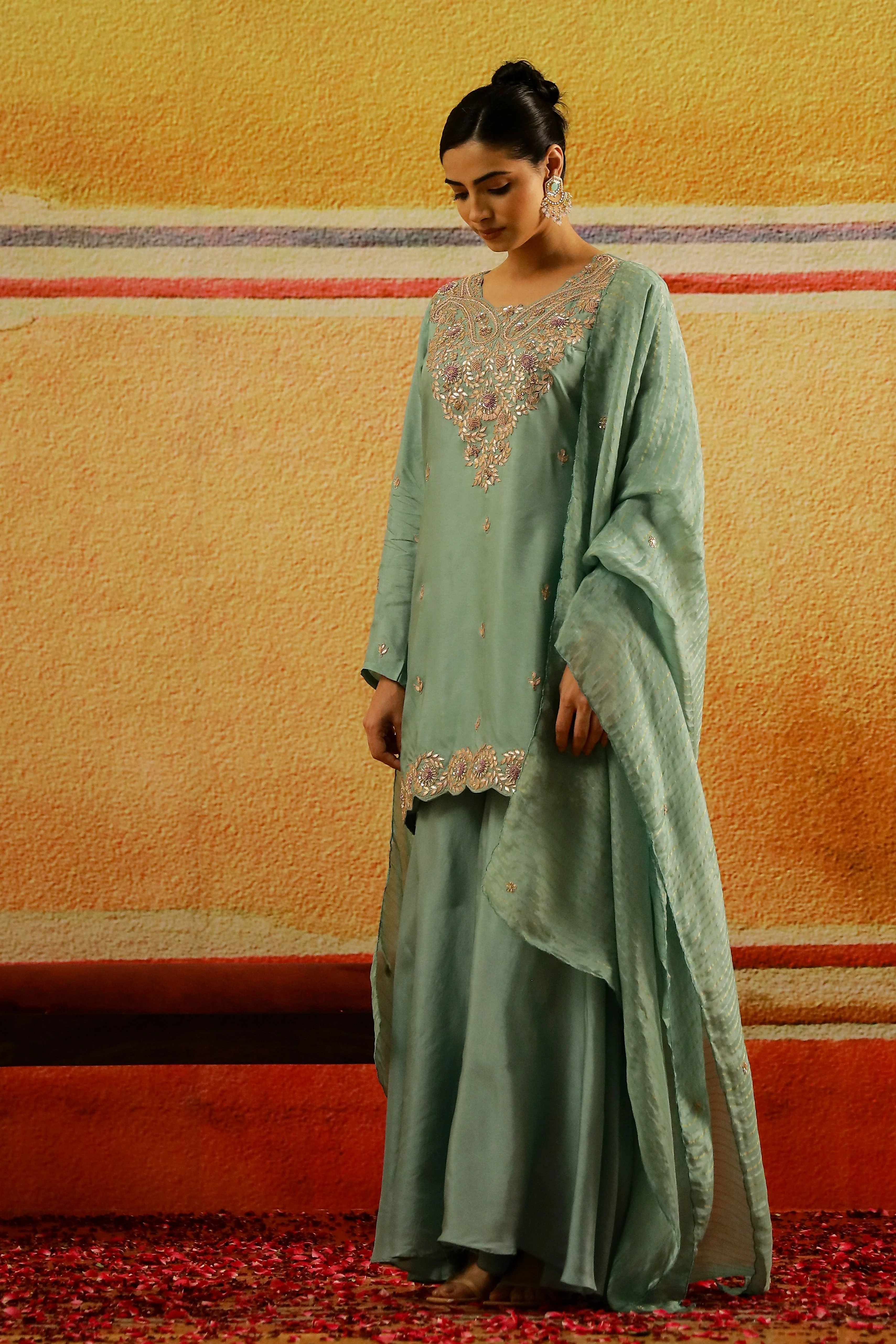 Turquoise Embroidered Italian Silk Palazzo Set - Image 4