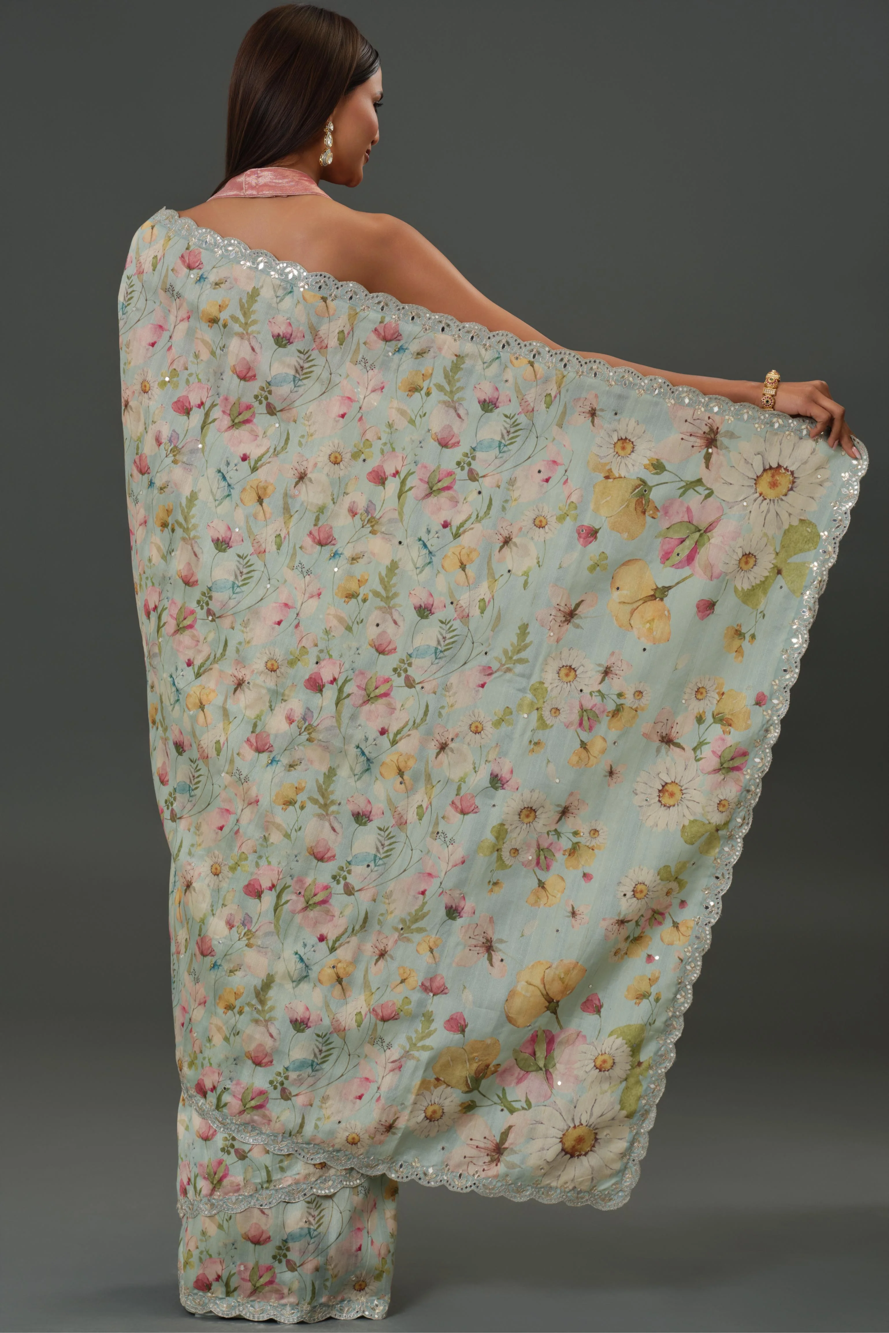 Blue Mist Floral Printed Tussar Silk Saree - Image 3