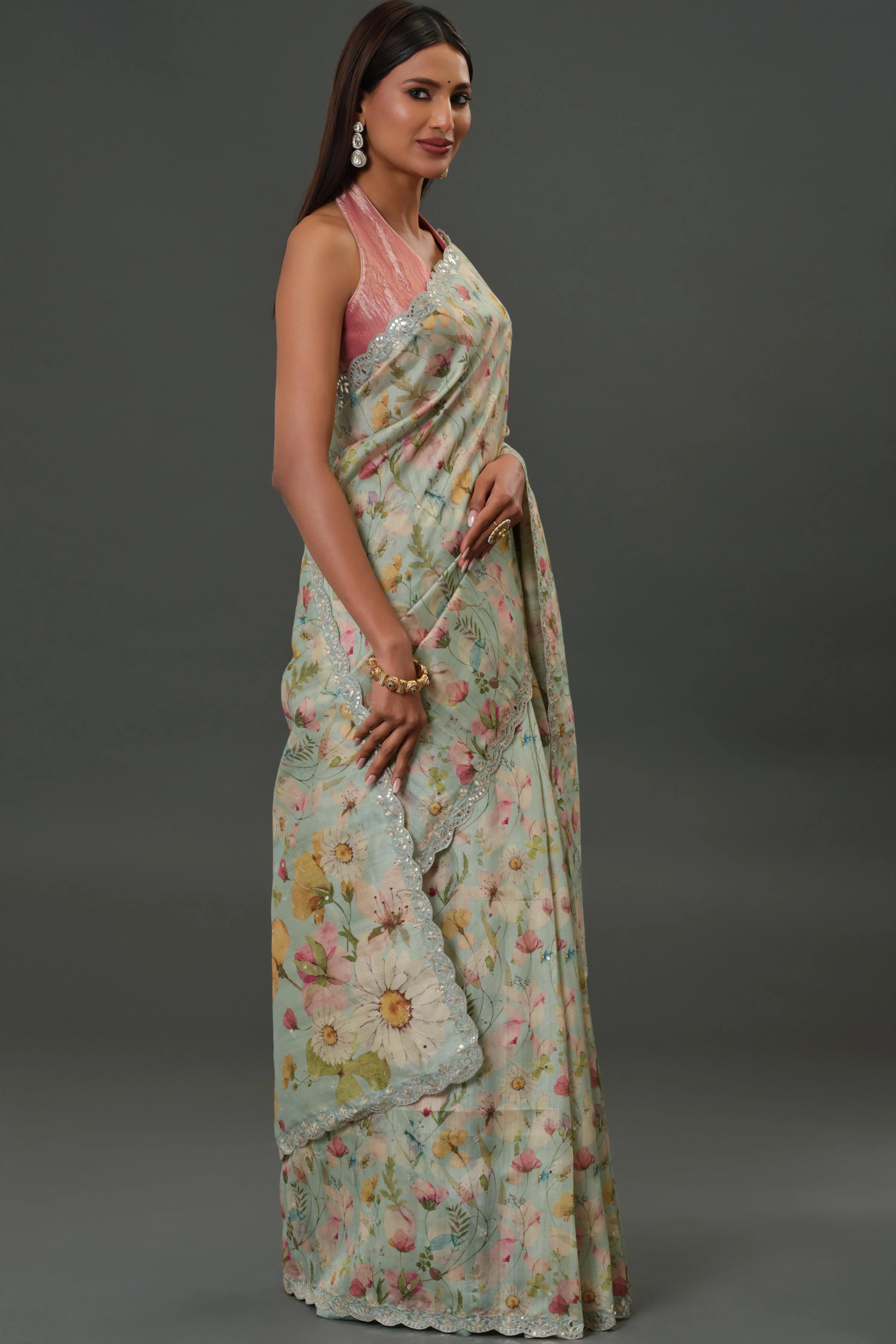 Blue Mist Floral Printed Tussar Silk Saree - Image 4
