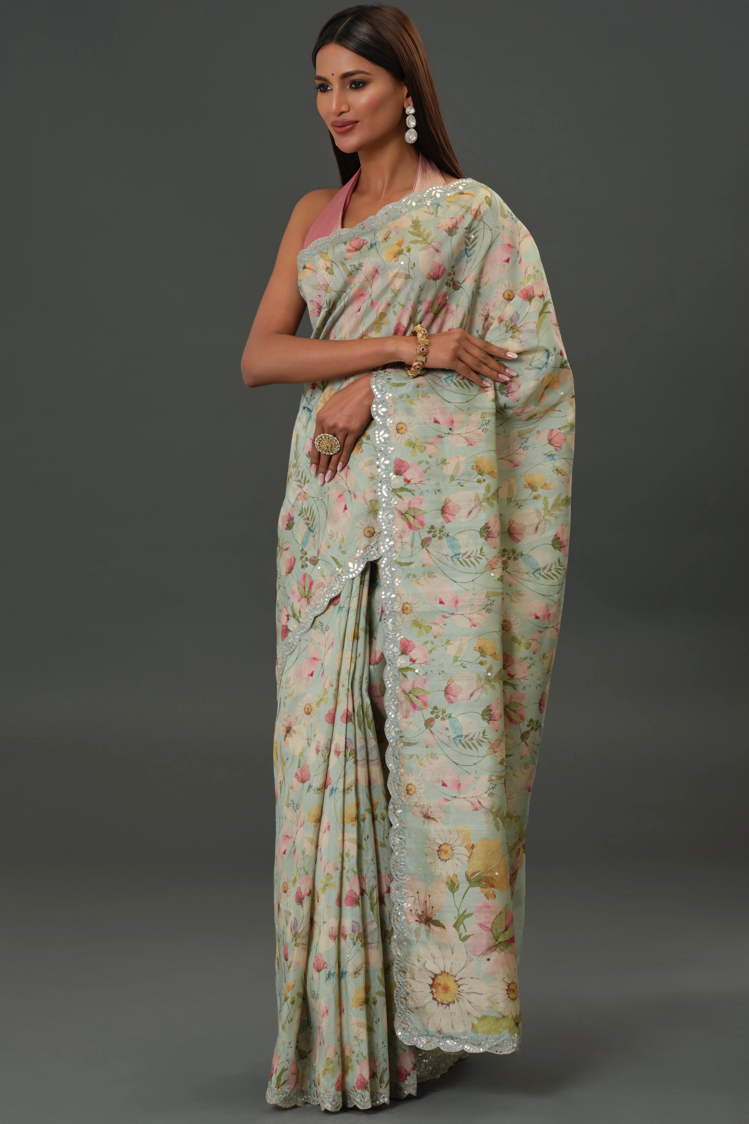 Blue Mist Floral Printed Tussar Silk Saree - Image 5