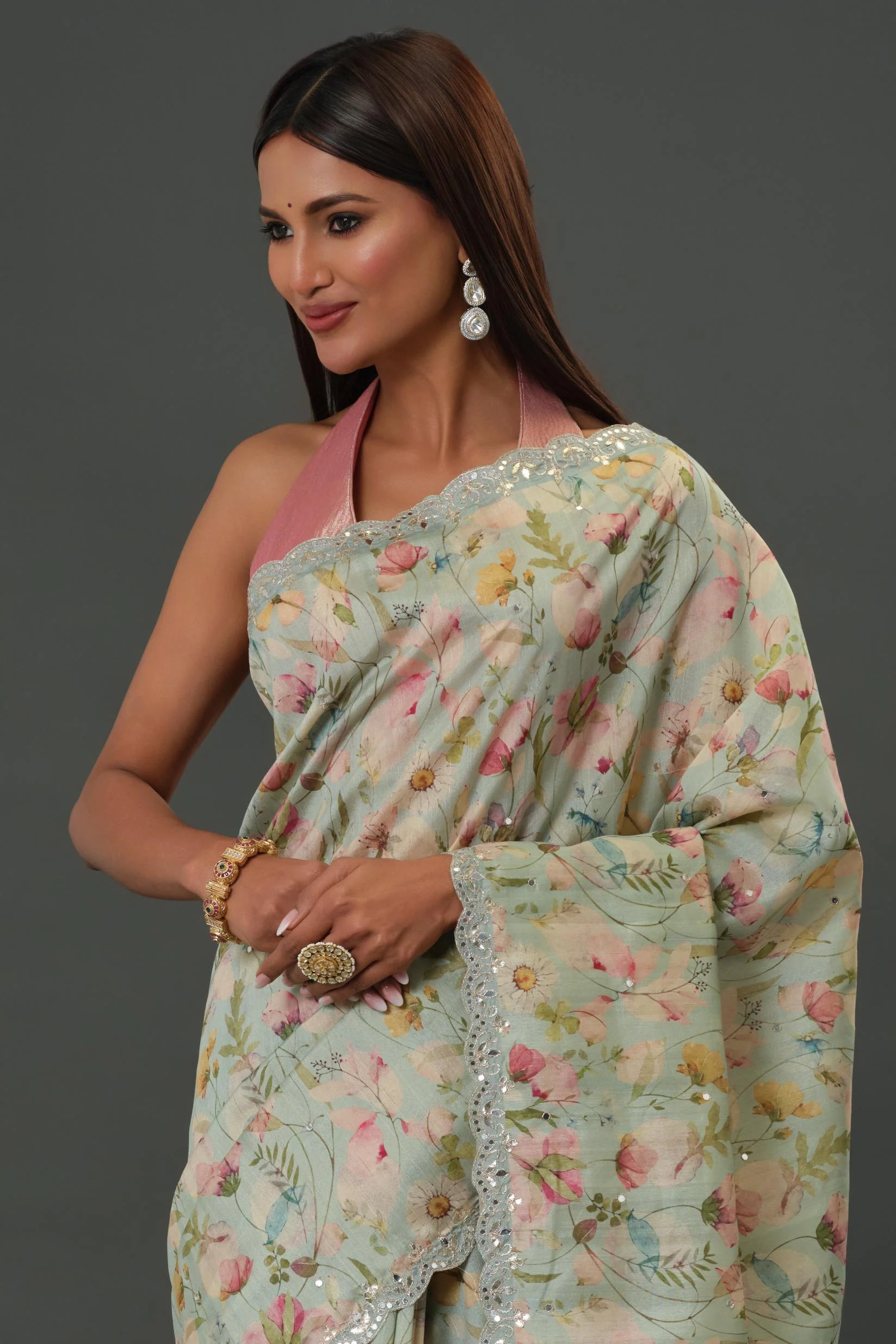 Blue Mist Floral Printed Tussar Silk Saree - Image 7
