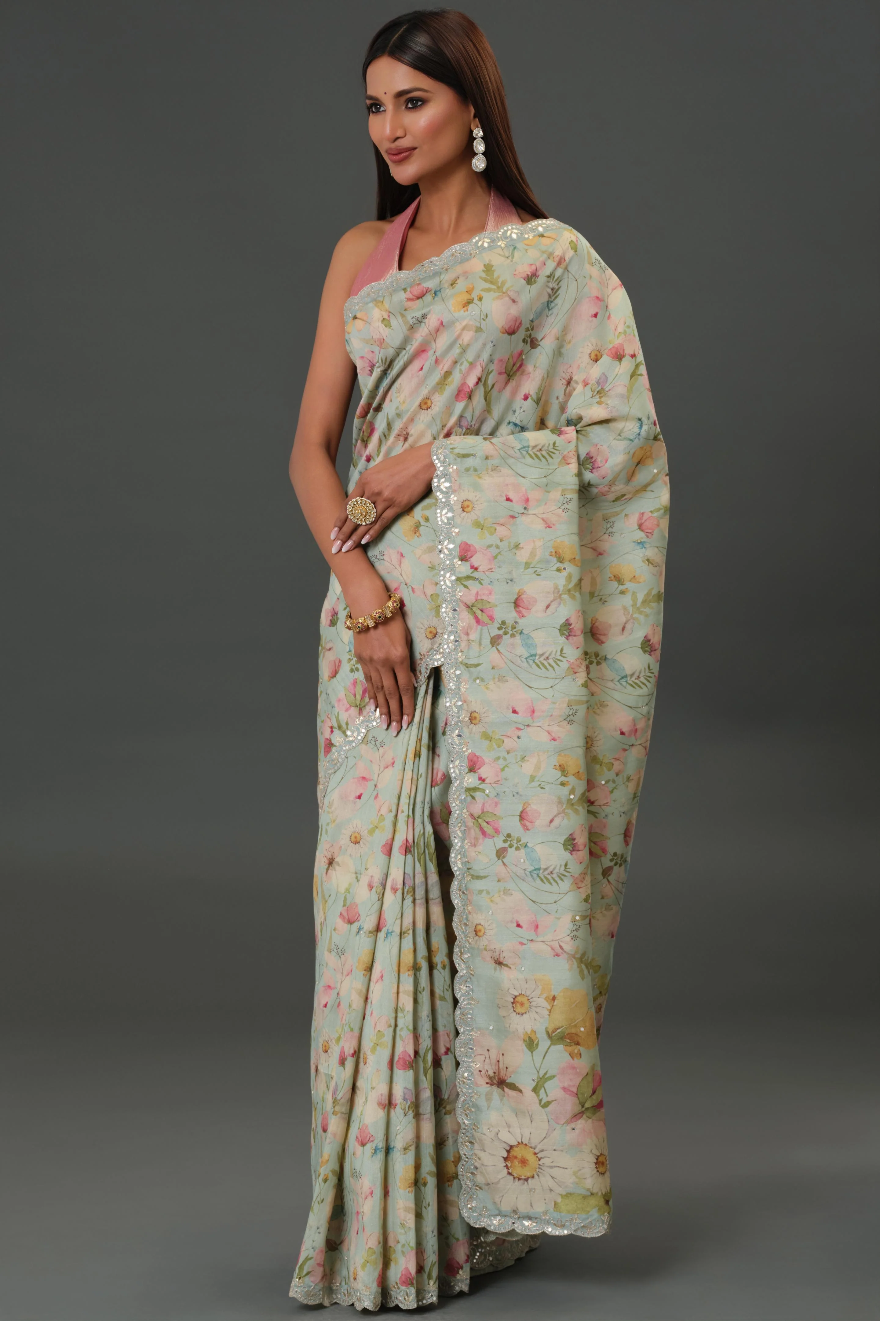 Blue Mist Floral Printed Tussar Silk Saree - Image 8