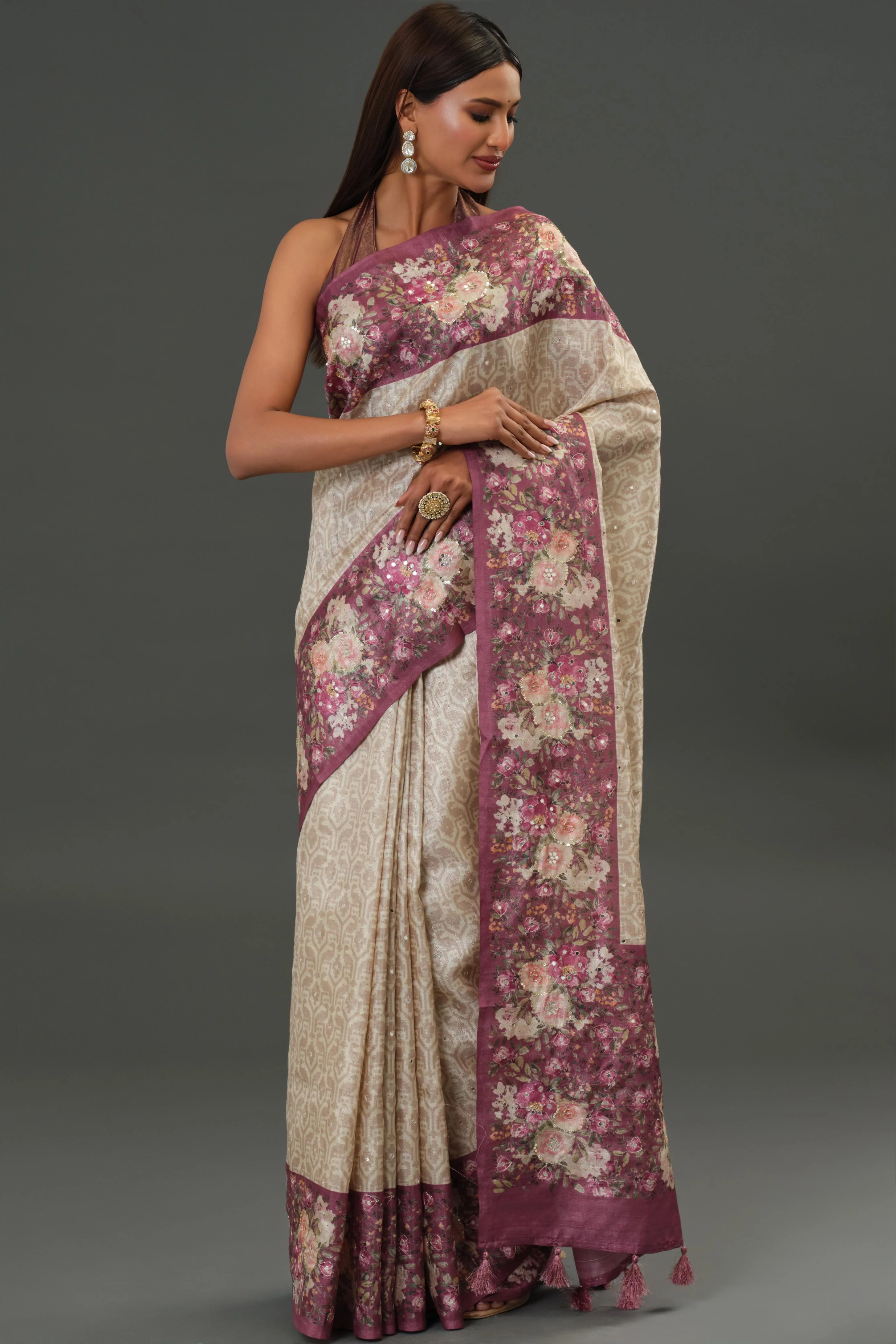 Champagne Floral Border Tussar Silk Saree - Image 6