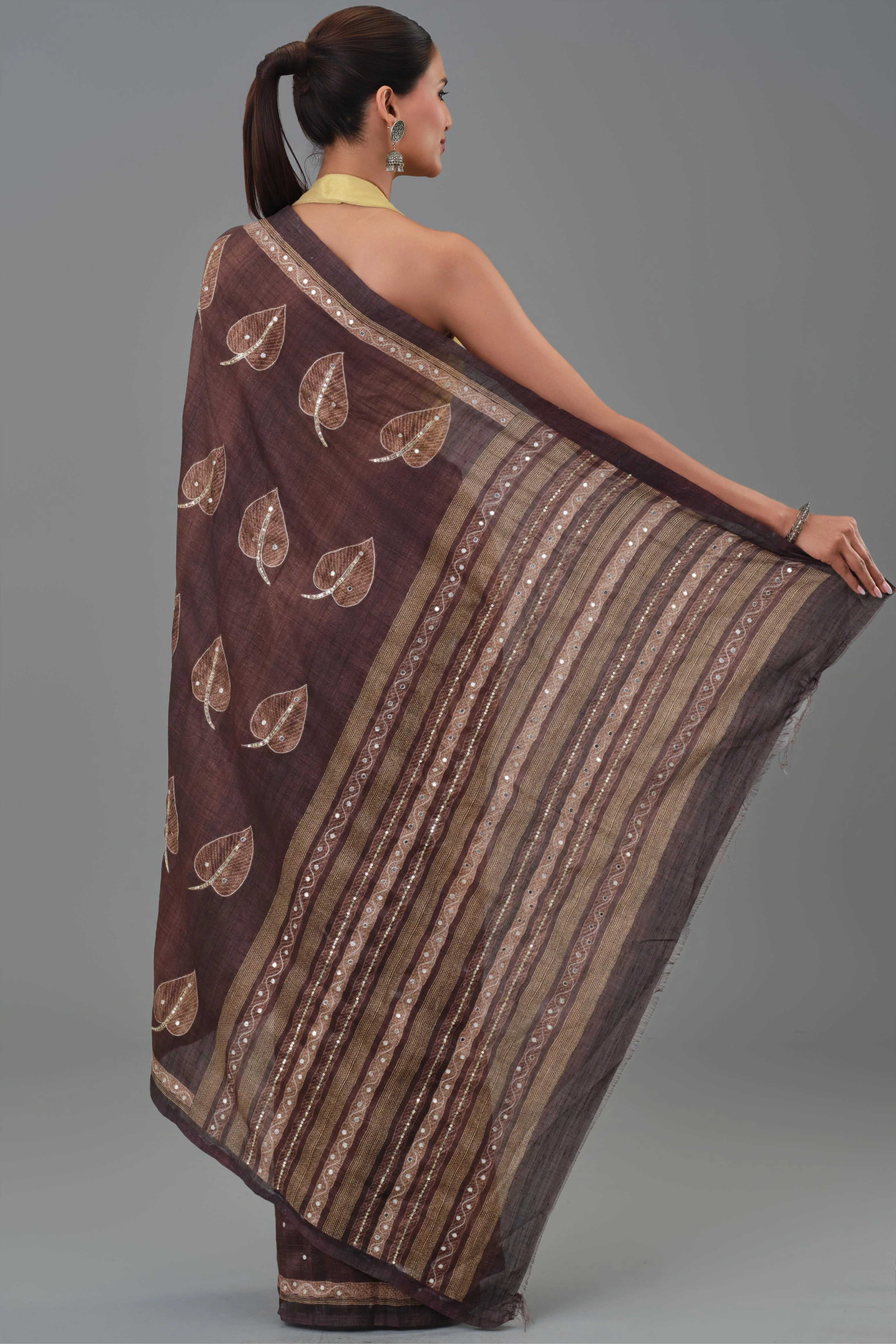 Brown Leaf Tussar Silk Saree - Image 3
