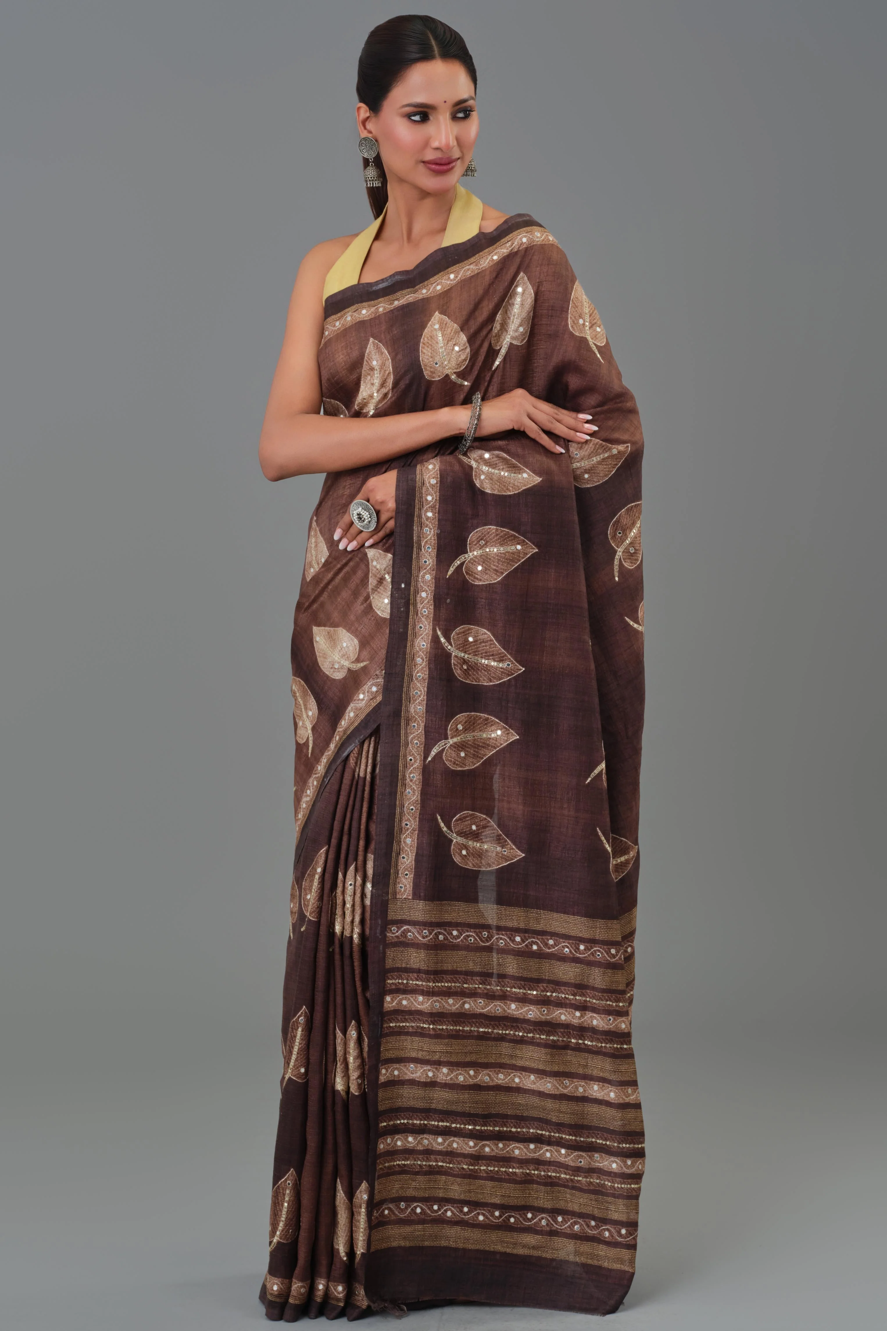 Brown Leaf Tussar Silk Saree - Image 4