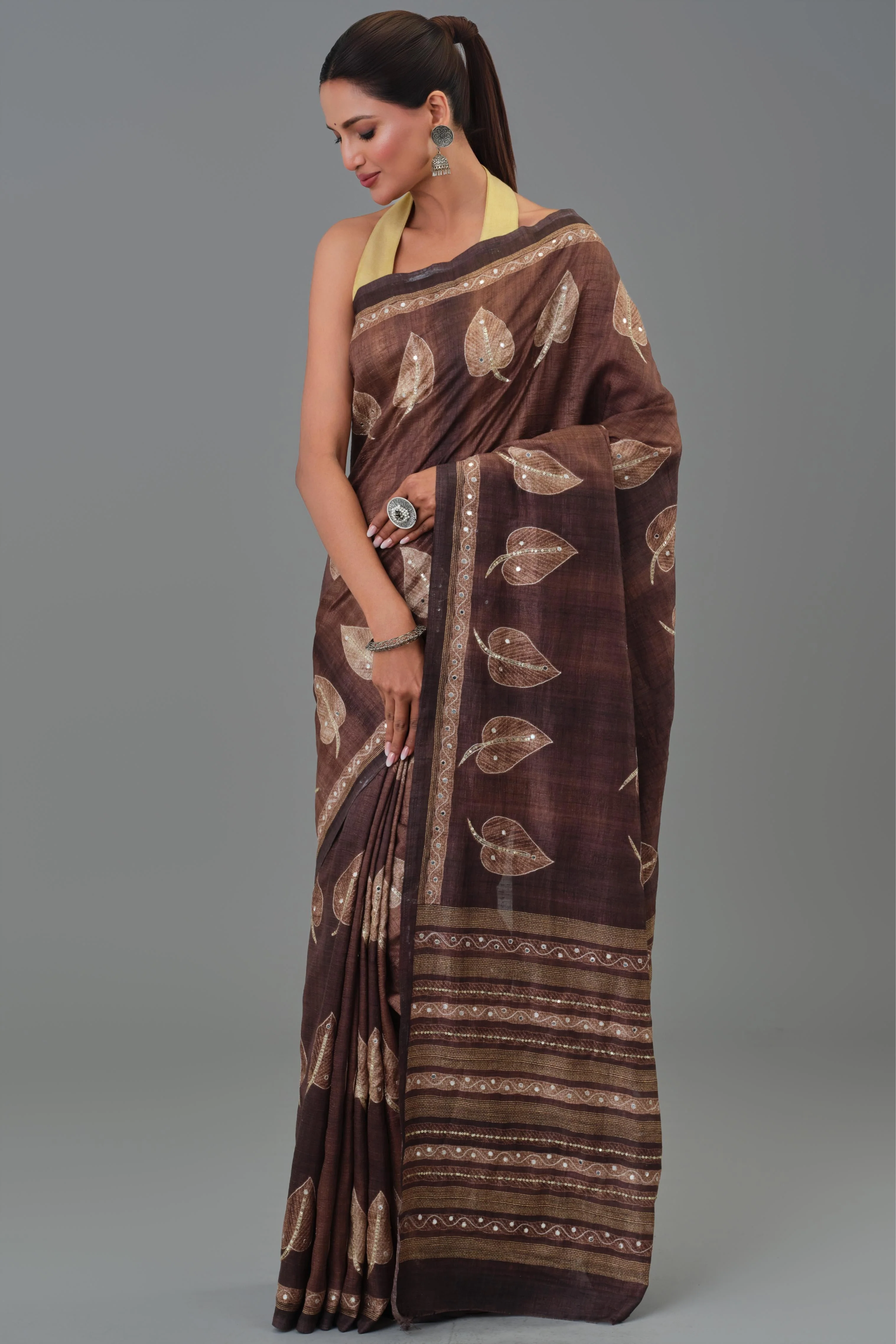 Brown Leaf Tussar Silk Saree - Image 5