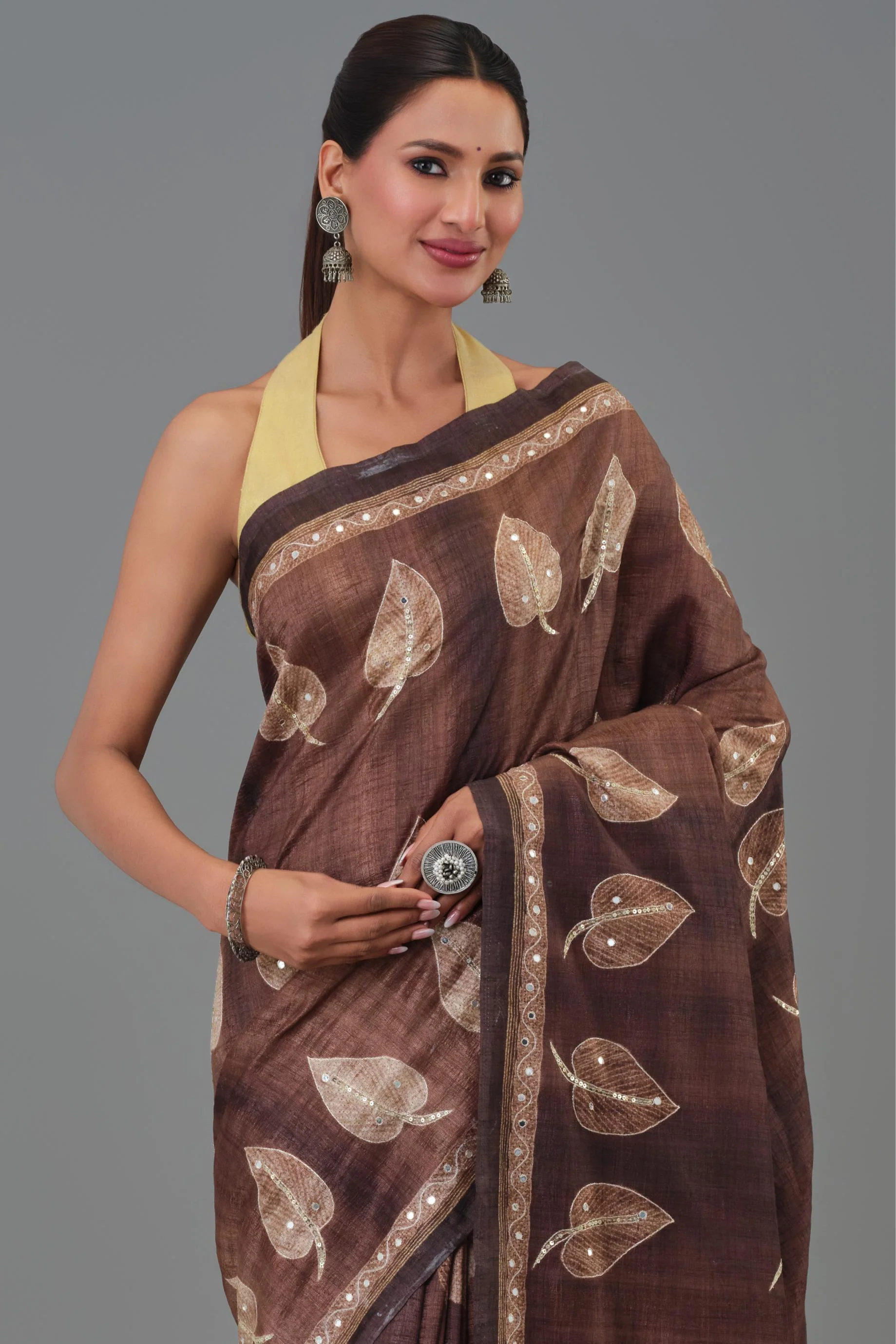Brown Leaf Tussar Silk Saree - Image 6