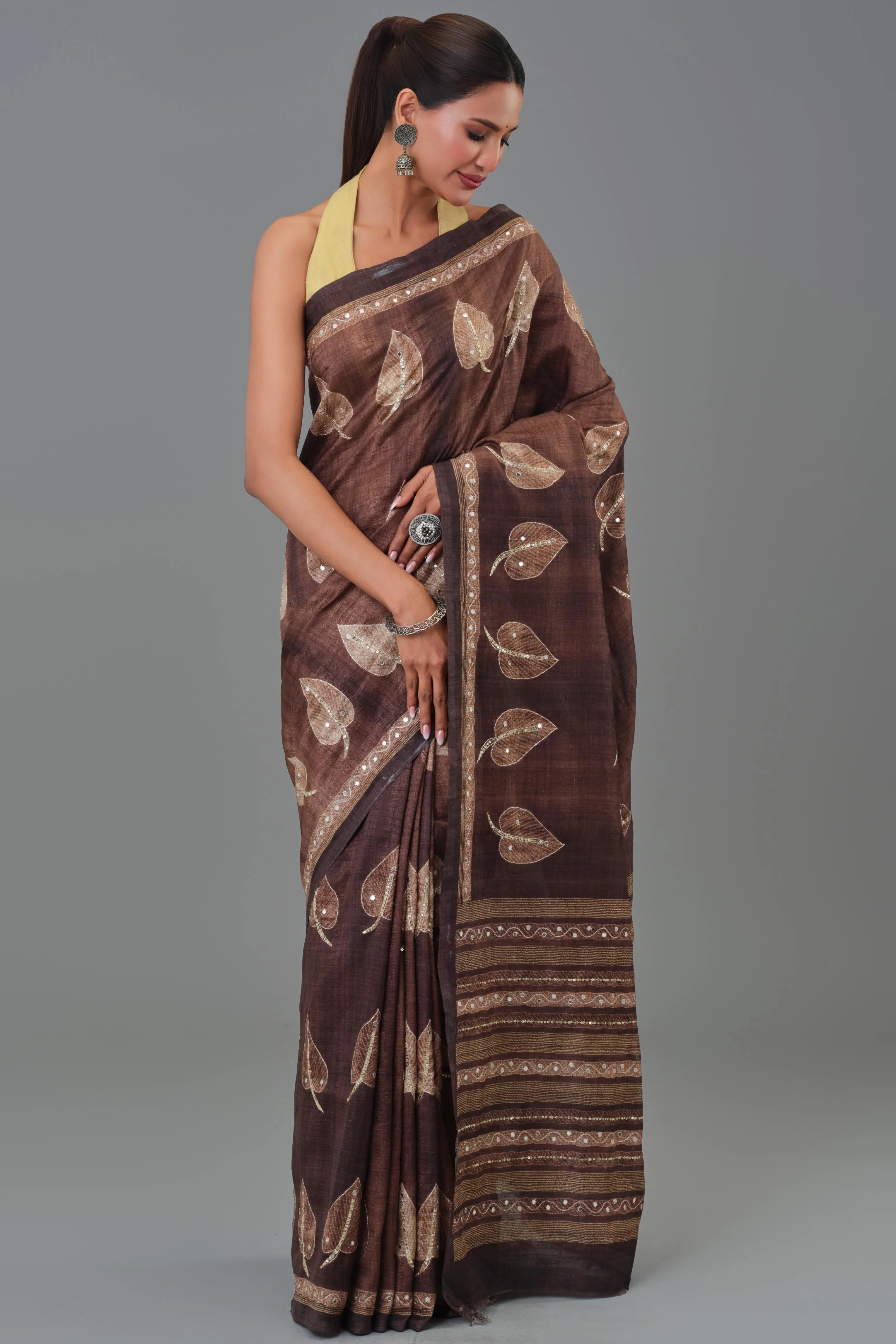 Brown Leaf Tussar Silk Saree - Image 7
